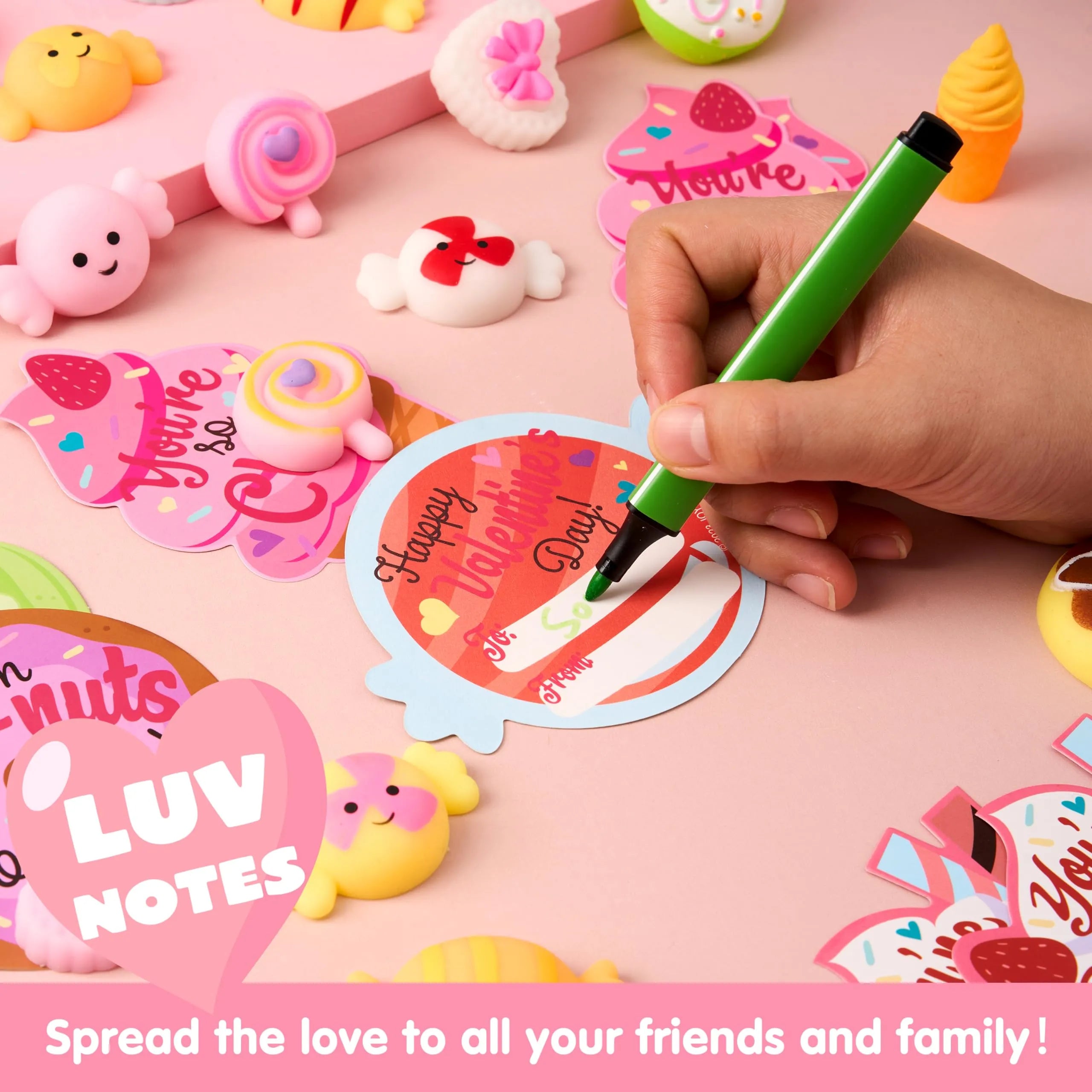 28 Packs Valentine’s Day Gift Cards with Candy Mochi Squishy Toys for Kids Classroom Gift Exchange - Image 5