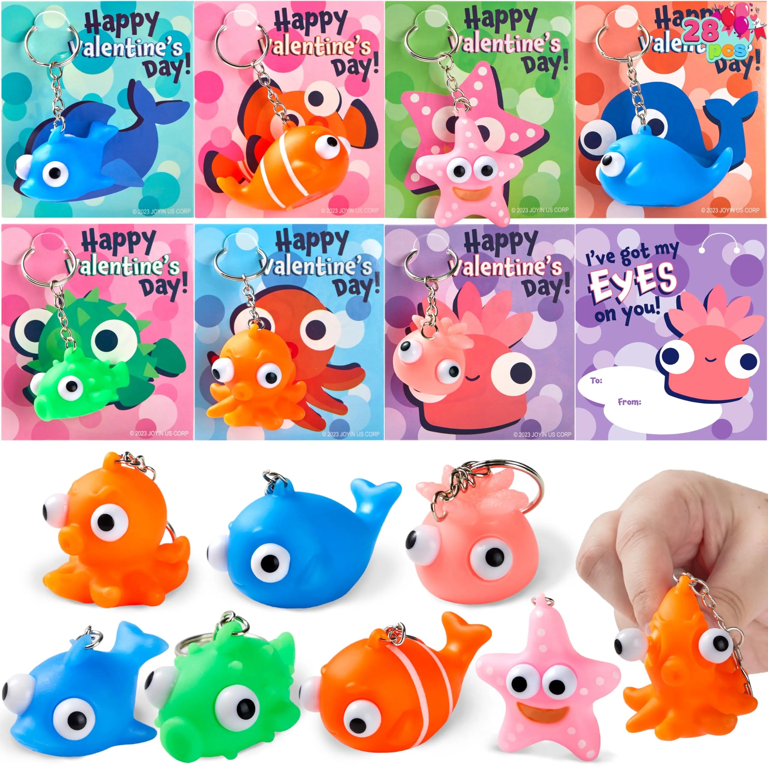 28 Packs Valentine’s Day Gift Cards with Sea Animal Unzip Popping Eyes Keychains - Image 4