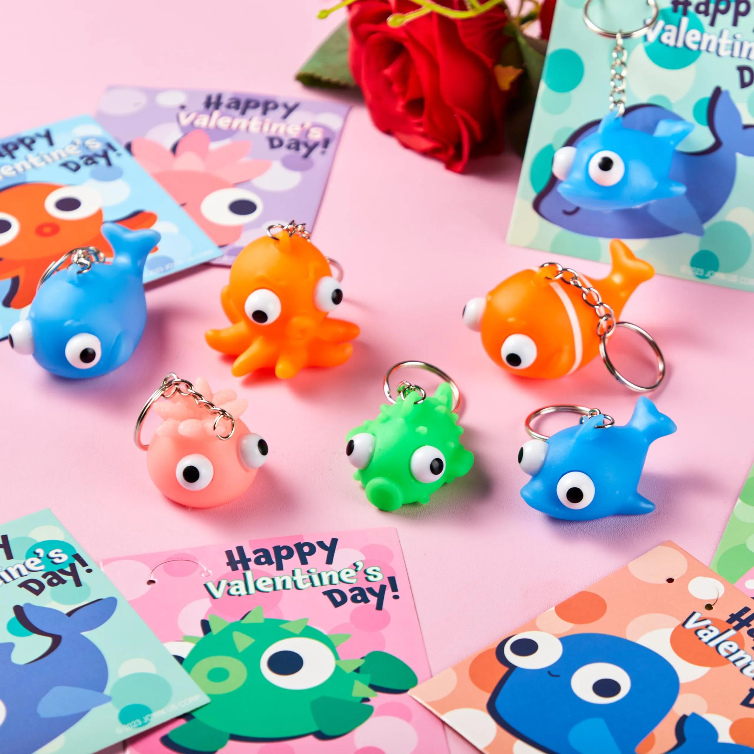 28 Packs Valentine’s Day Gift Cards with Sea Animal Unzip Popping Eyes Keychains - Image 6