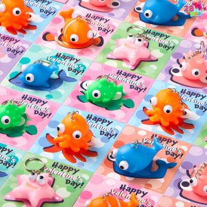 28 Packs Valentine’s Day Gift Cards with Sea Animal Unzip Popping Eyes Keychains