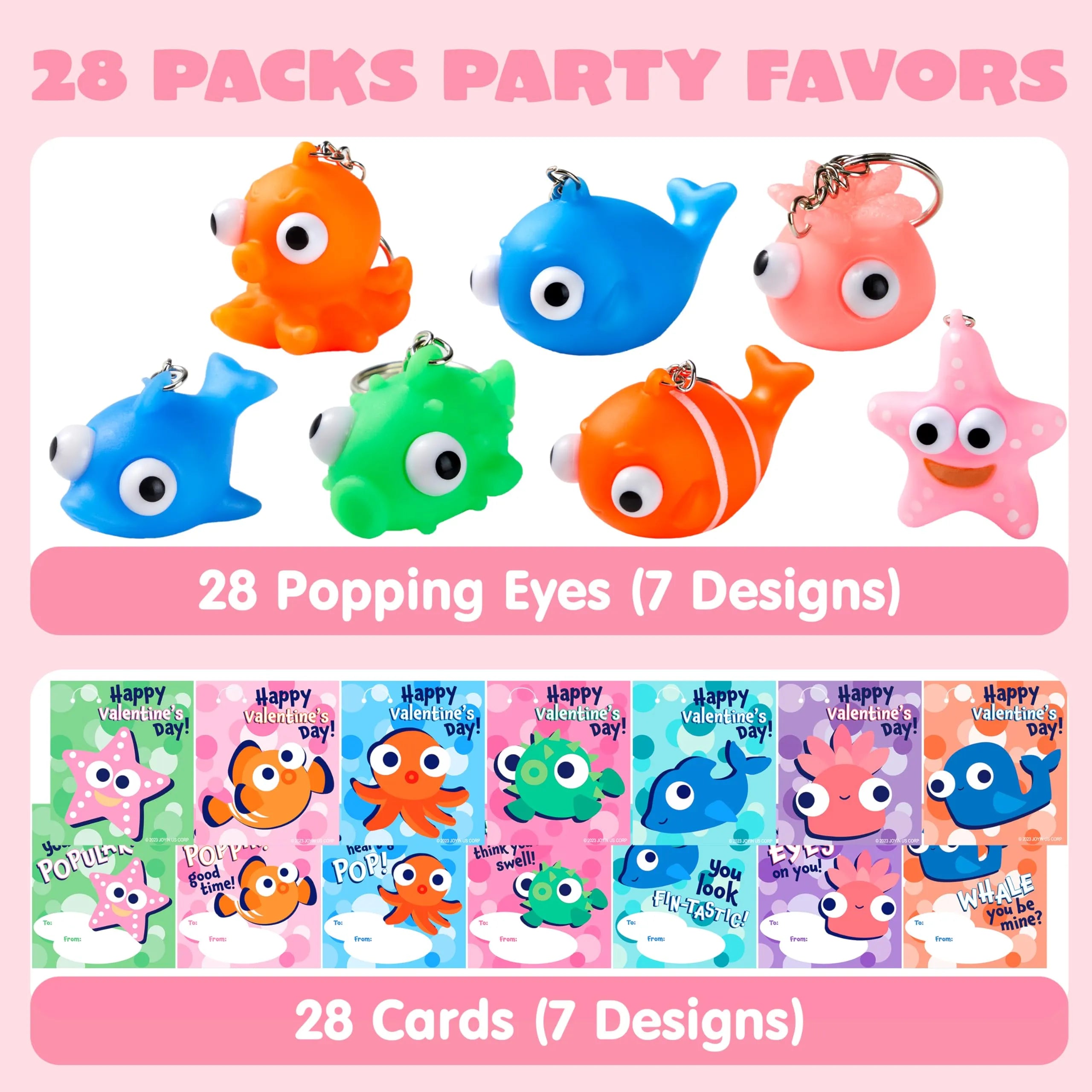 28 Packs Valentine’s Day Gift Cards with Sea Animal Unzip Popping Eyes Keychains - Image 2