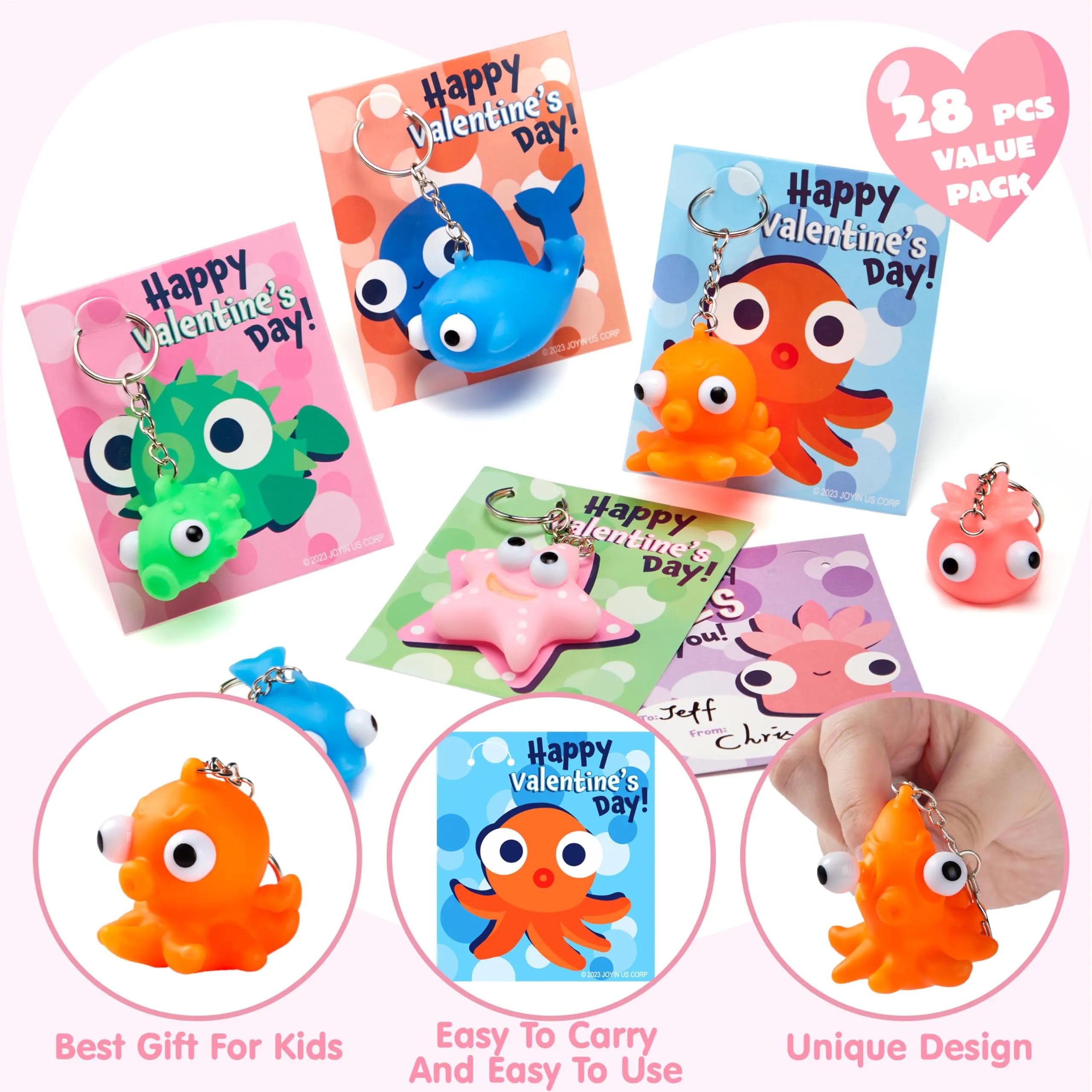 28 Packs Valentine’s Day Gift Cards with Sea Animal Unzip Popping Eyes Keychains - Image 3