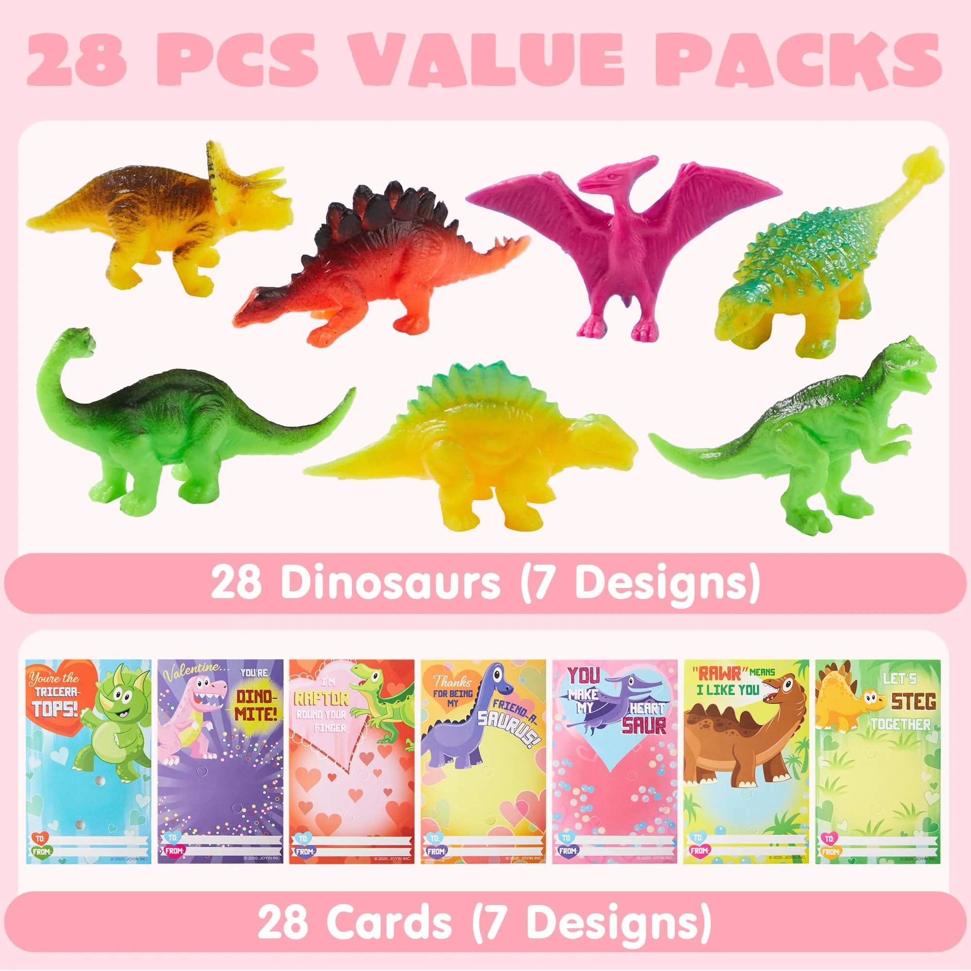 28Pcs Kids Valentines Day Card with Dinosaur Figure Toys-Classroom Exchange Gifts - Image 2