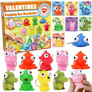 28Pcs Animal Keychains featuring Bulging Eyes with Kids Valentines Cards