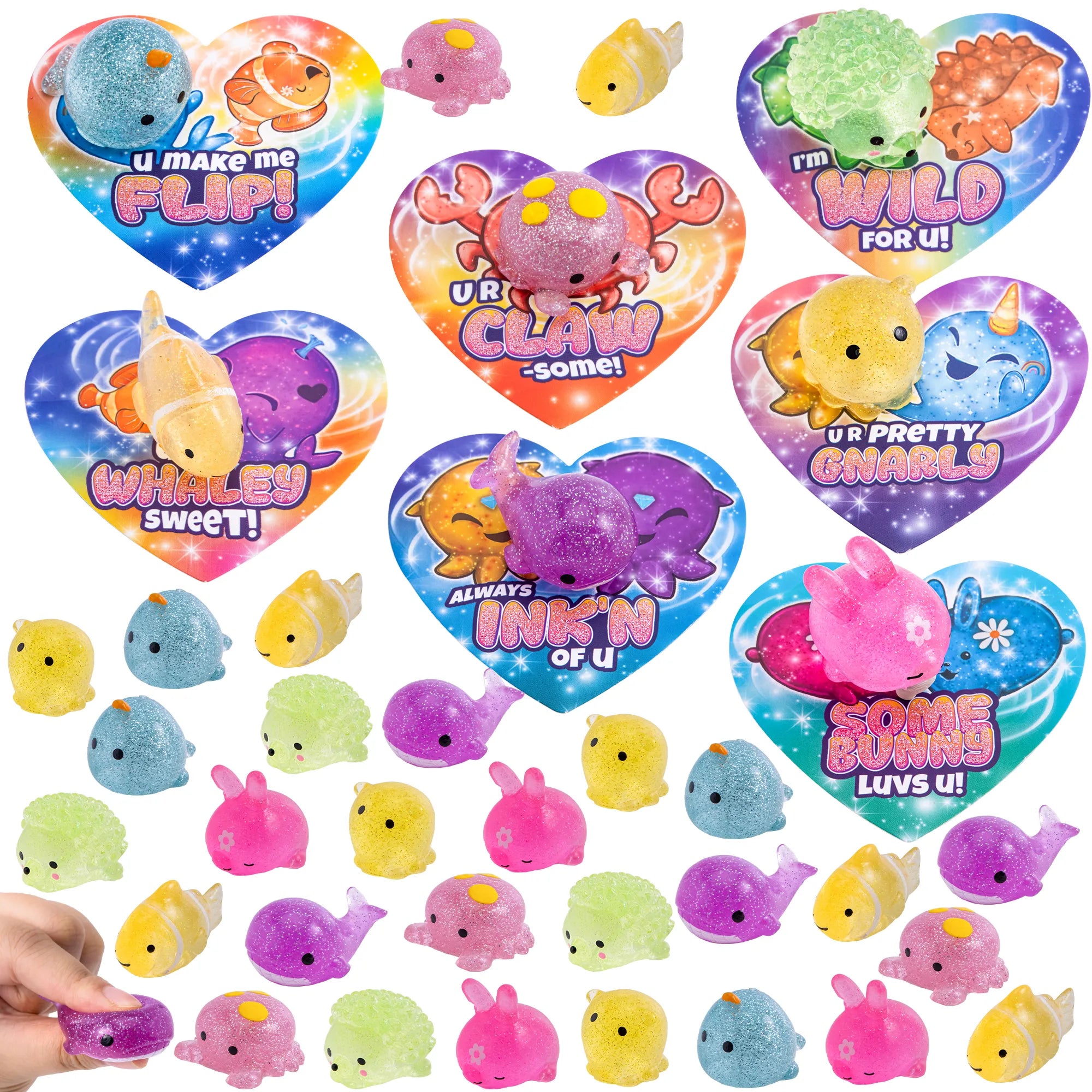 28Pcs Glitter Mochi Toys with Kids Valentines Cards for Classroom Exchange