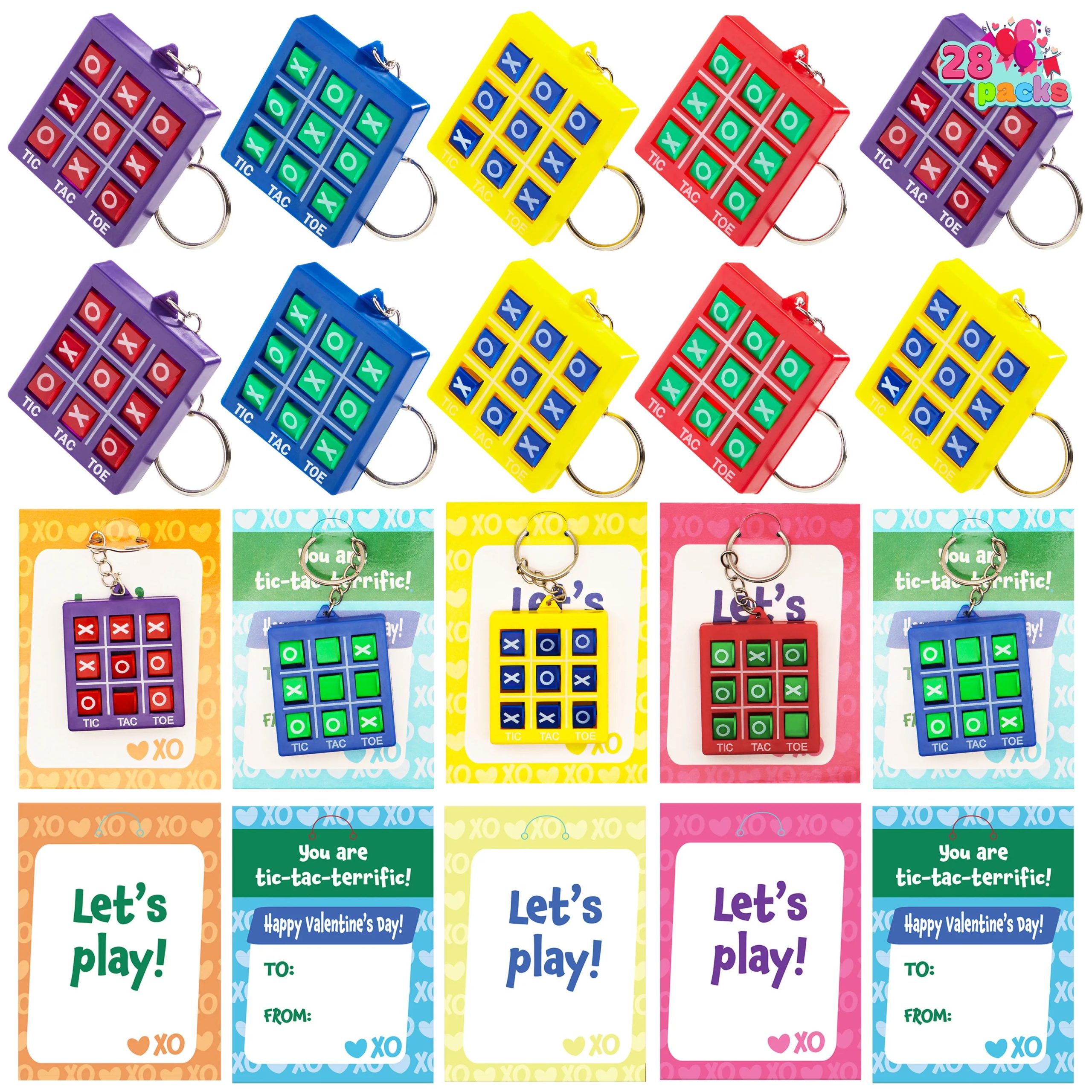 28Pcs Tic-Tac-Toe Keychain Gifts with Kids Valentines Cards for Classroom Exchange