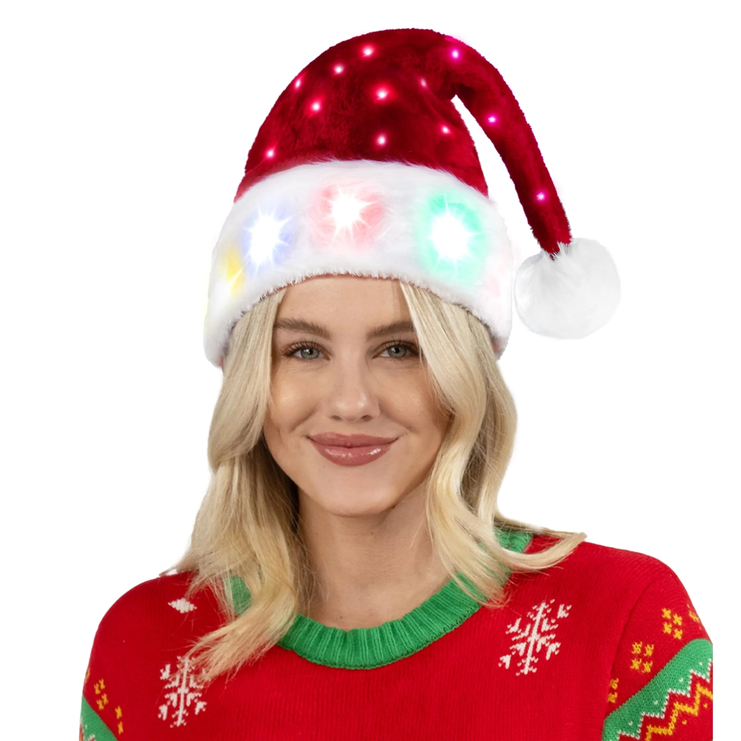 2Pcs Adults Light-up Christmas Santa Elf Hats with Pom Poms and Colorful Lights - Image 3