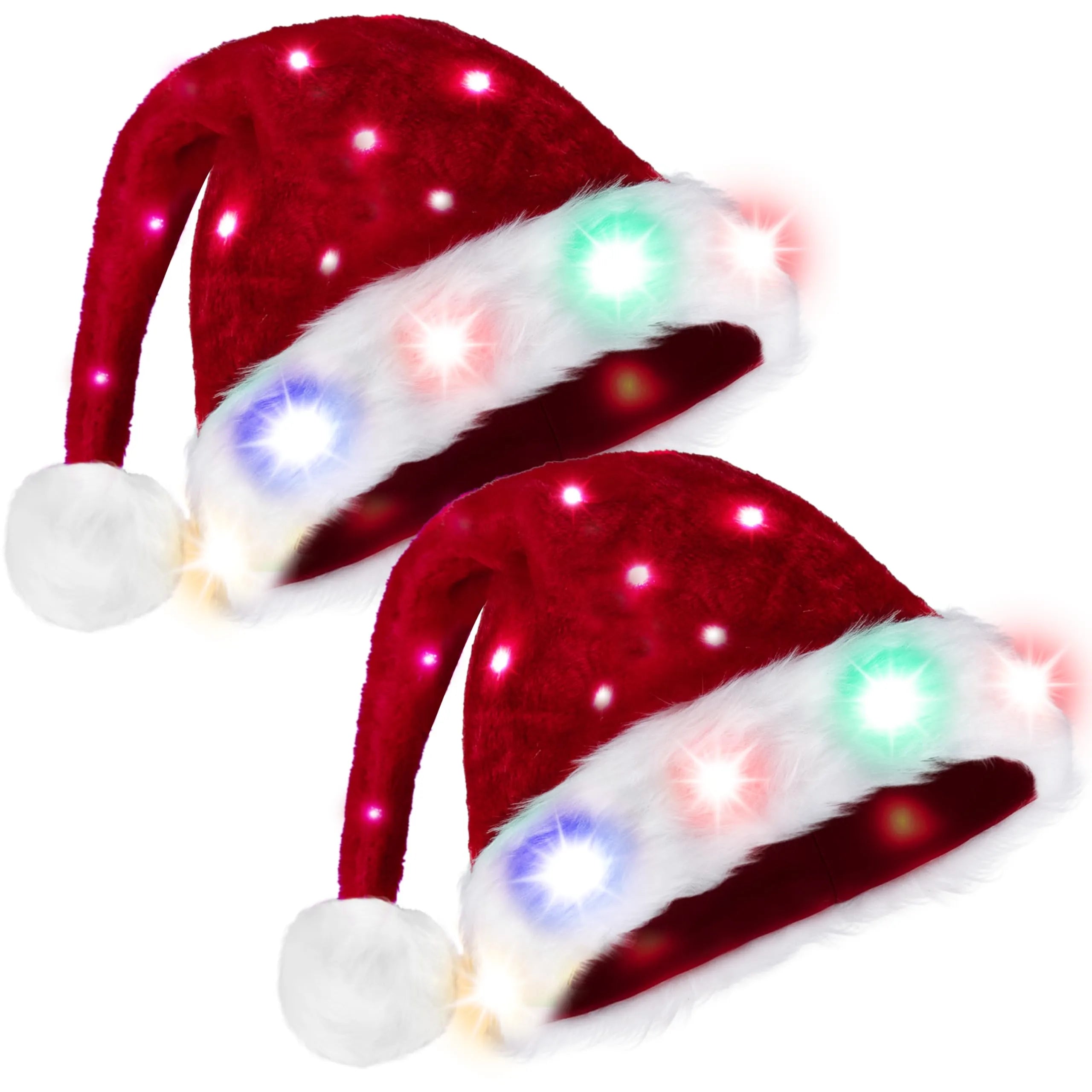 2Pcs Adults Light-up Christmas Santa Elf Hats with Pom Poms and Colorful Lights - Image 2