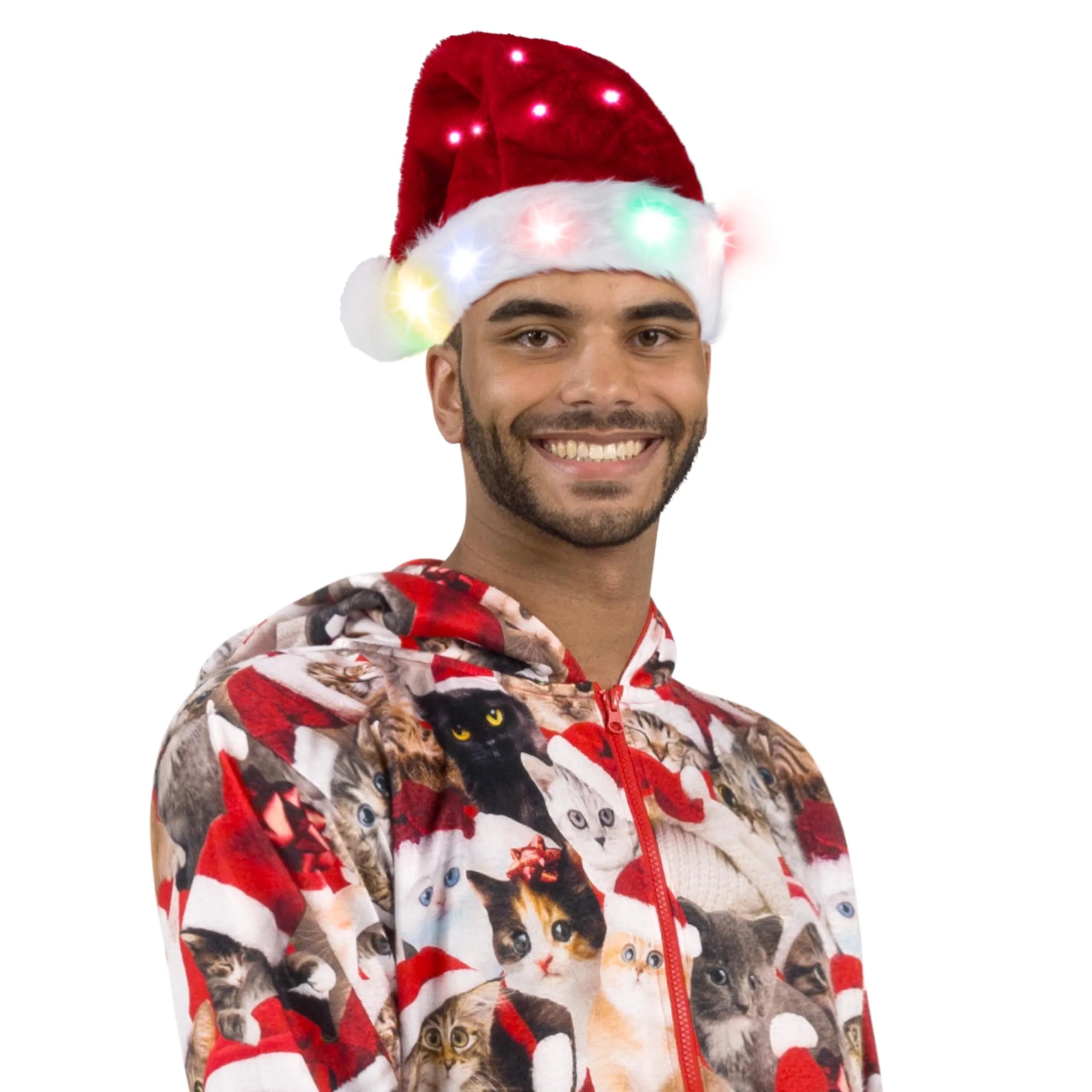 2Pcs Adults Light-up Christmas Santa Elf Hats with Pom Poms and Colorful Lights - Image 4