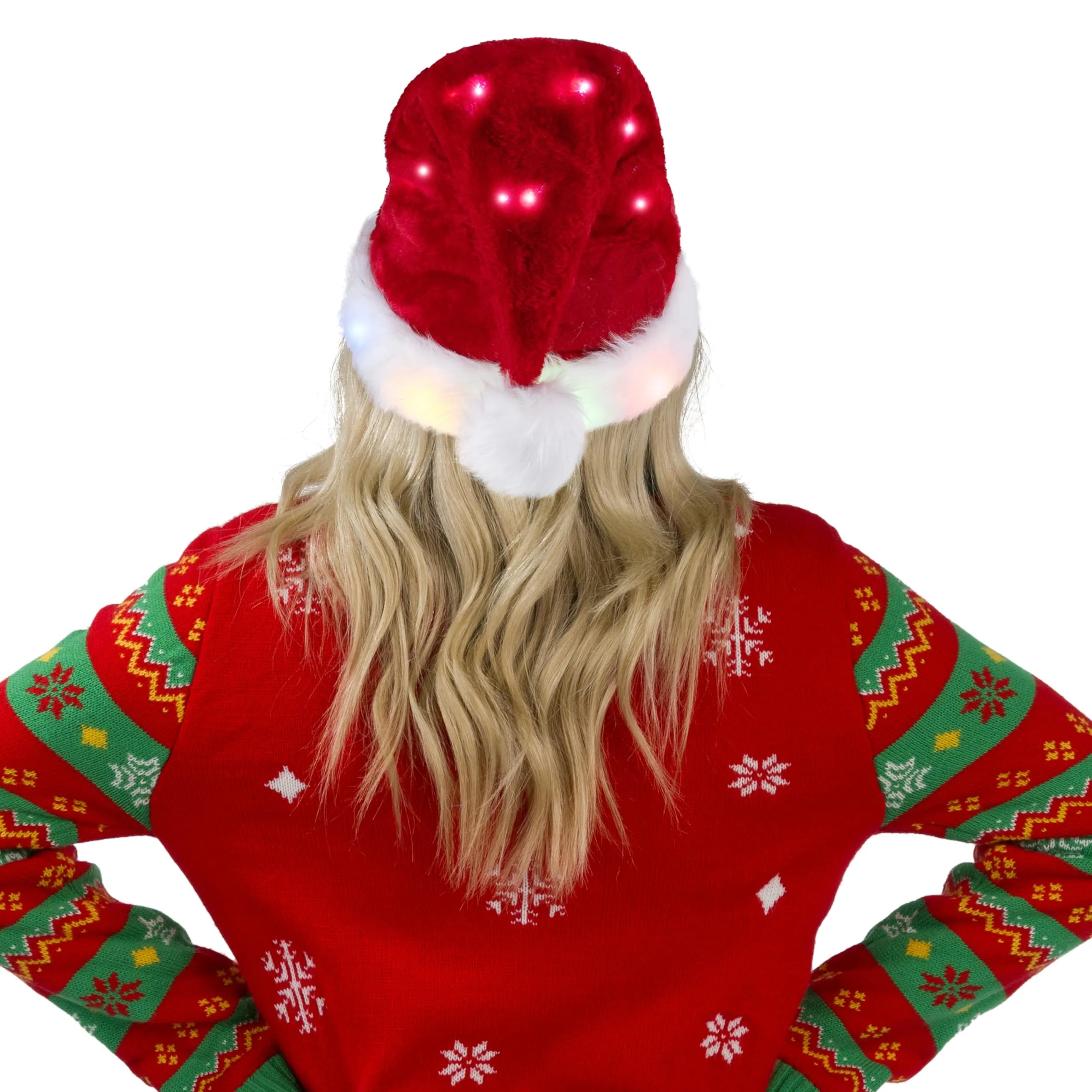 2Pcs Adults Light-up Christmas Santa Elf Hats with Pom Poms and Colorful Lights - Image 5