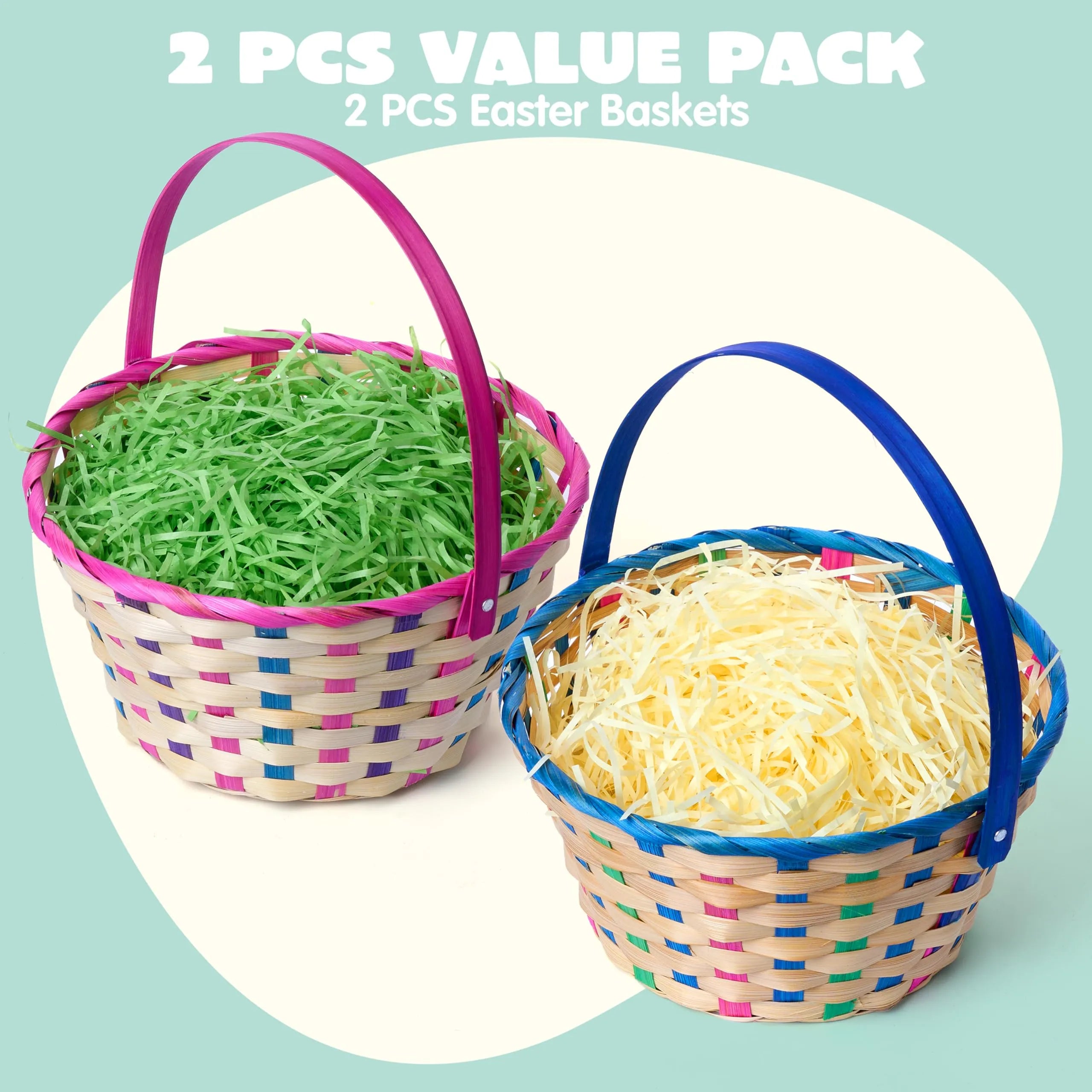 2Pcs Easter Blue & Pink Round Bamboo Woven Goodie Basket with Folding Handle - Image 4