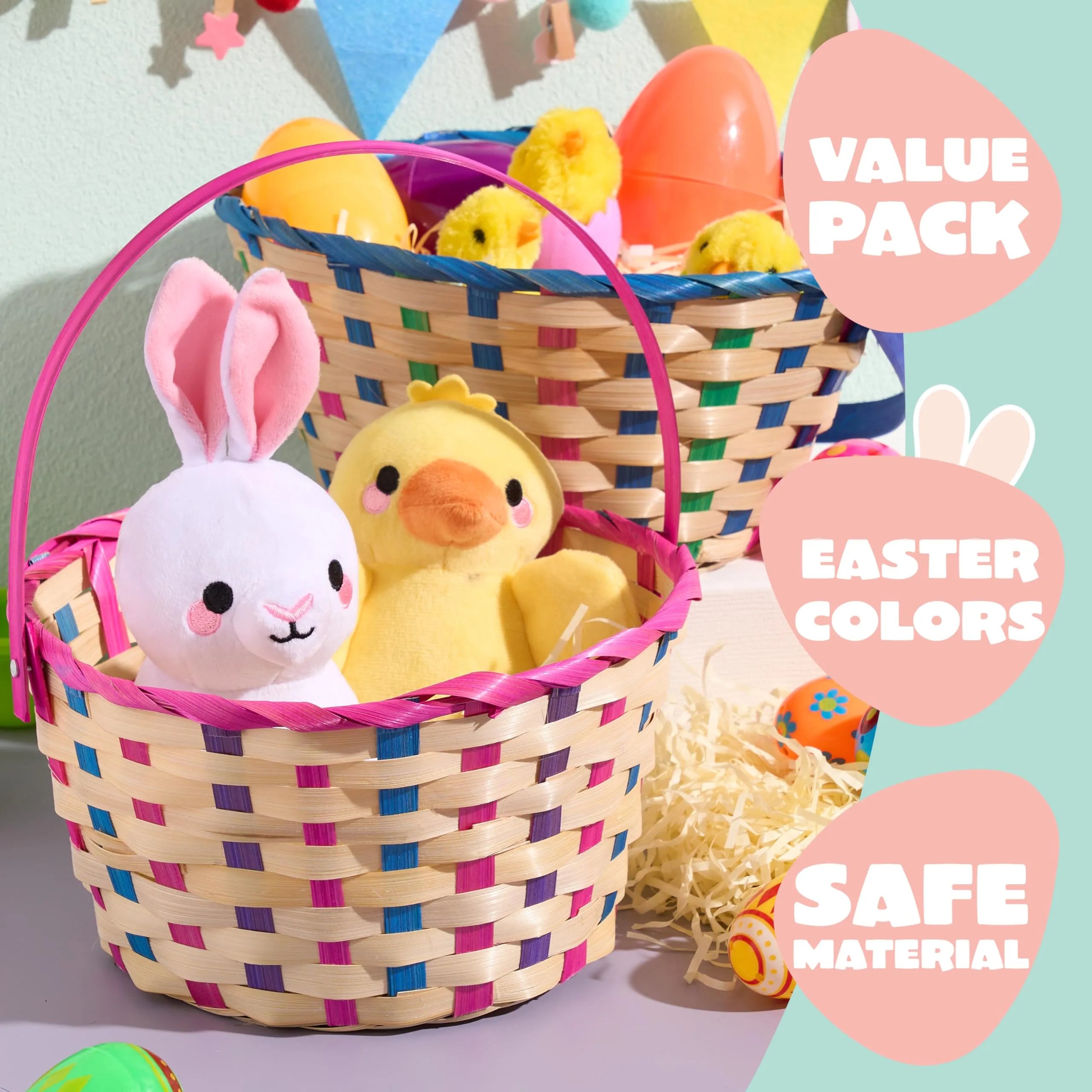 2Pcs Easter Blue & Pink Round Bamboo Woven Goodie Basket with Folding Handle - Image 2