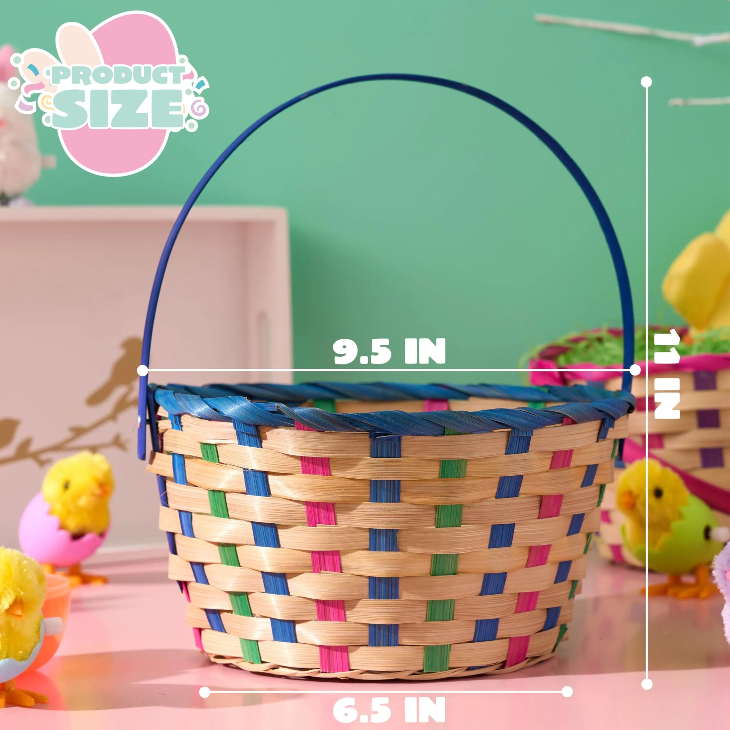 2Pcs Easter Blue & Pink Round Bamboo Woven Goodie Basket with Folding Handle - Image 8