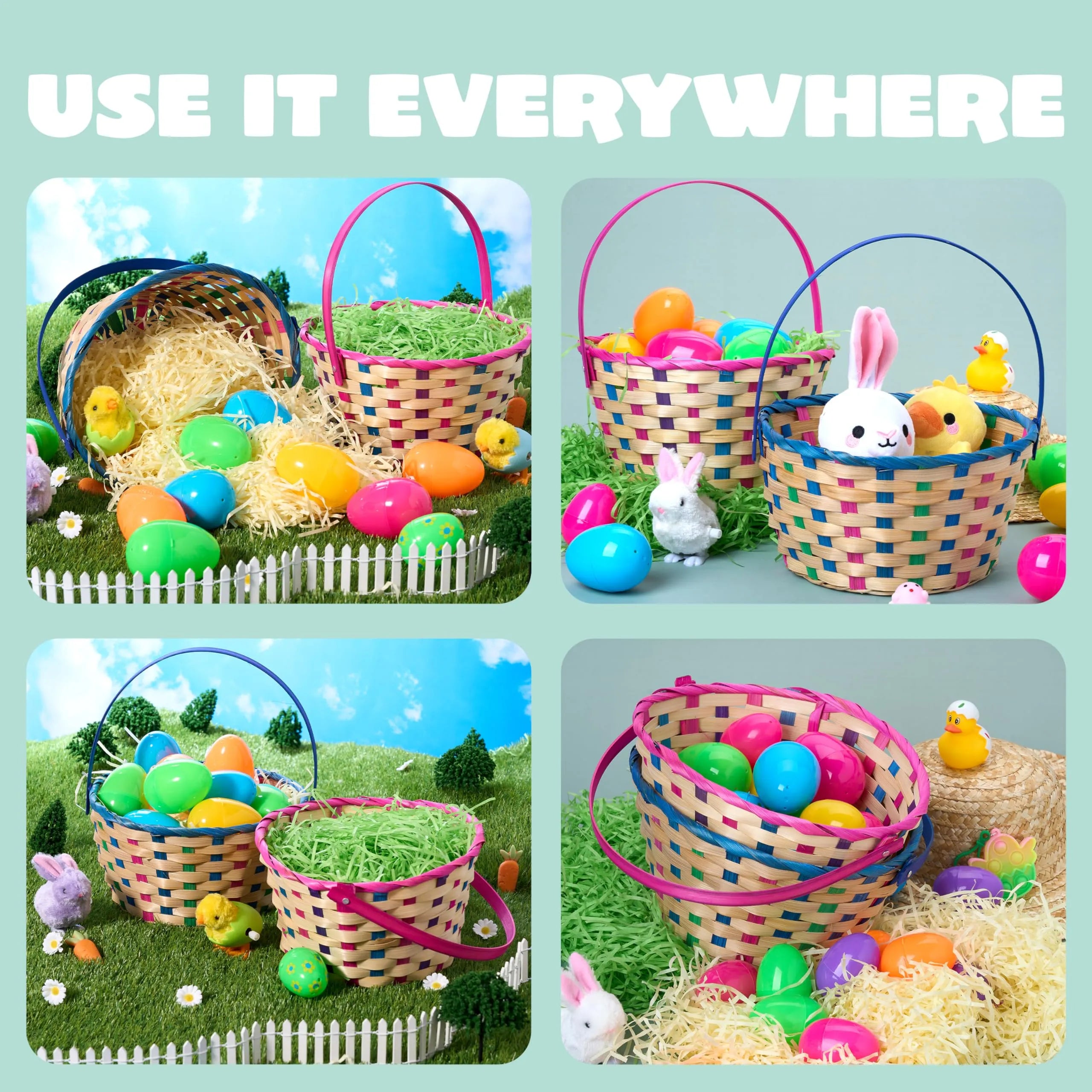 2Pcs Easter Blue & Pink Round Bamboo Woven Goodie Basket with Folding Handle - Image 3