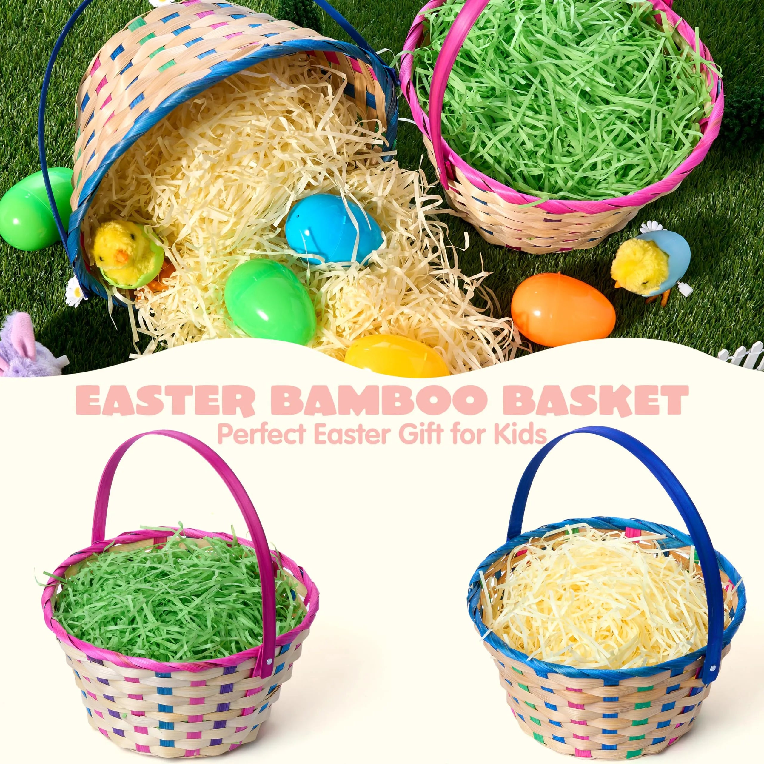 2Pcs Easter Blue & Pink Round Bamboo Woven Goodie Basket with Folding Handle - Image 5