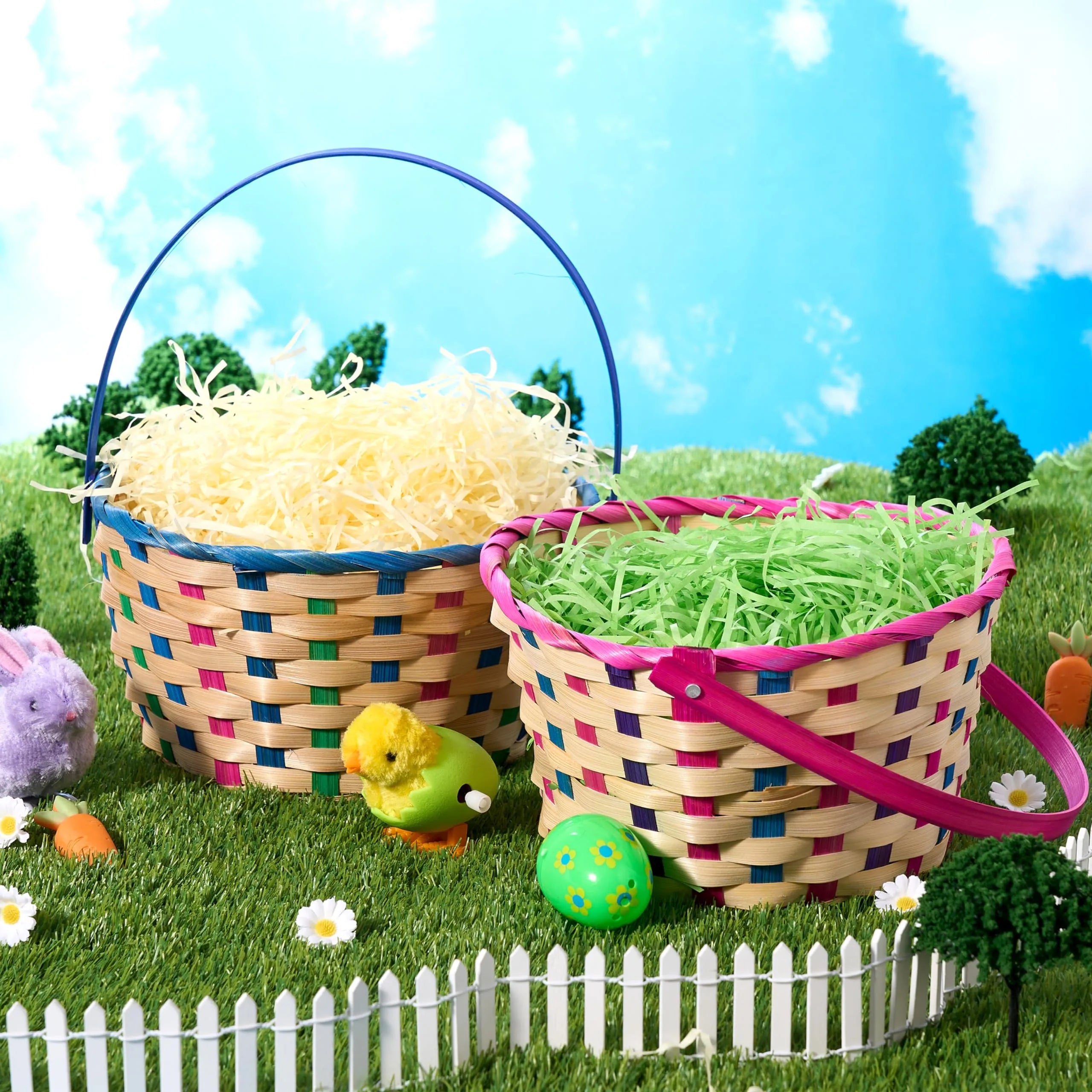 2Pcs Easter Blue & Pink Round Bamboo Woven Goodie Basket with Folding Handle - Image 6