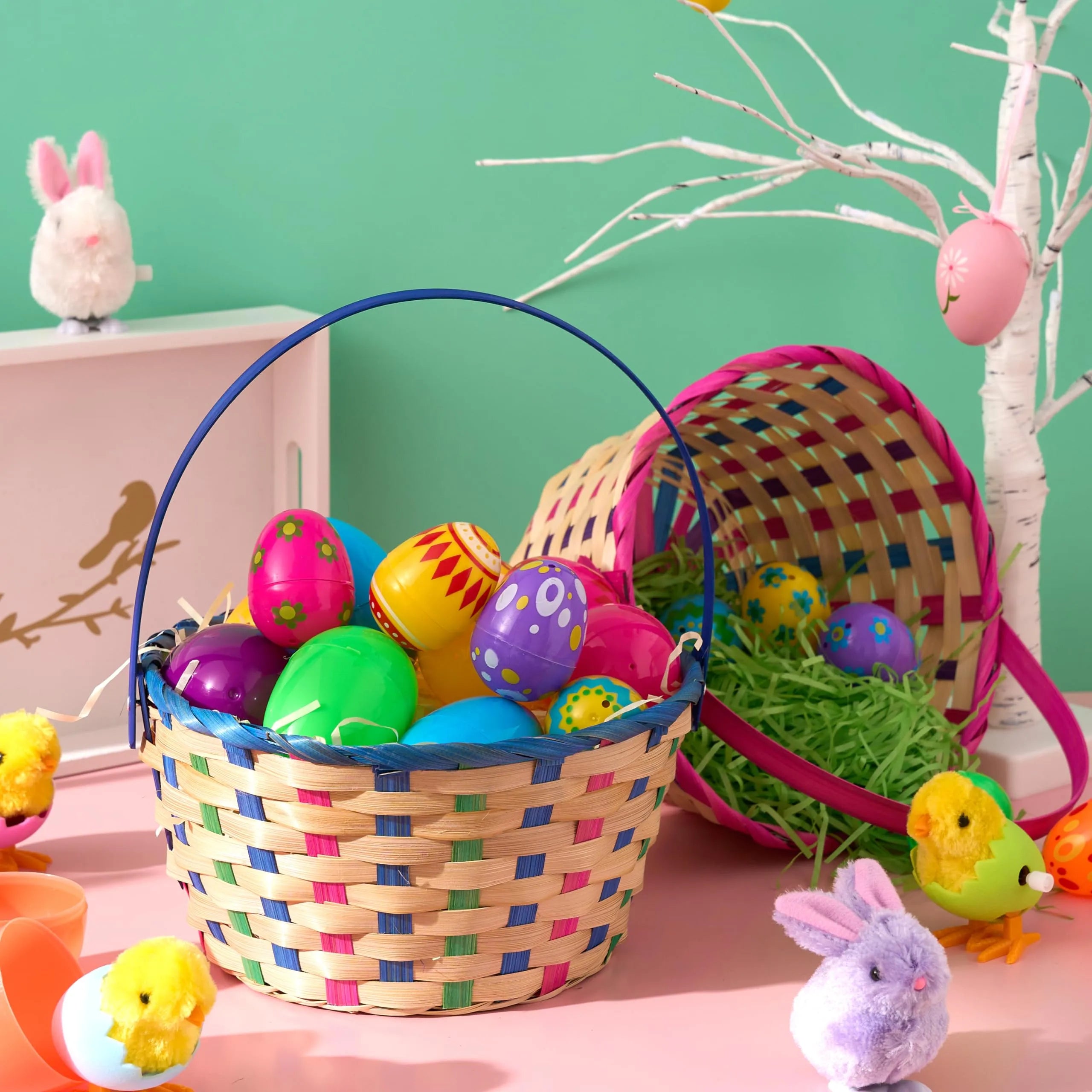 2Pcs Easter Blue & Pink Round Bamboo Woven Goodie Basket with Folding Handle - Image 7