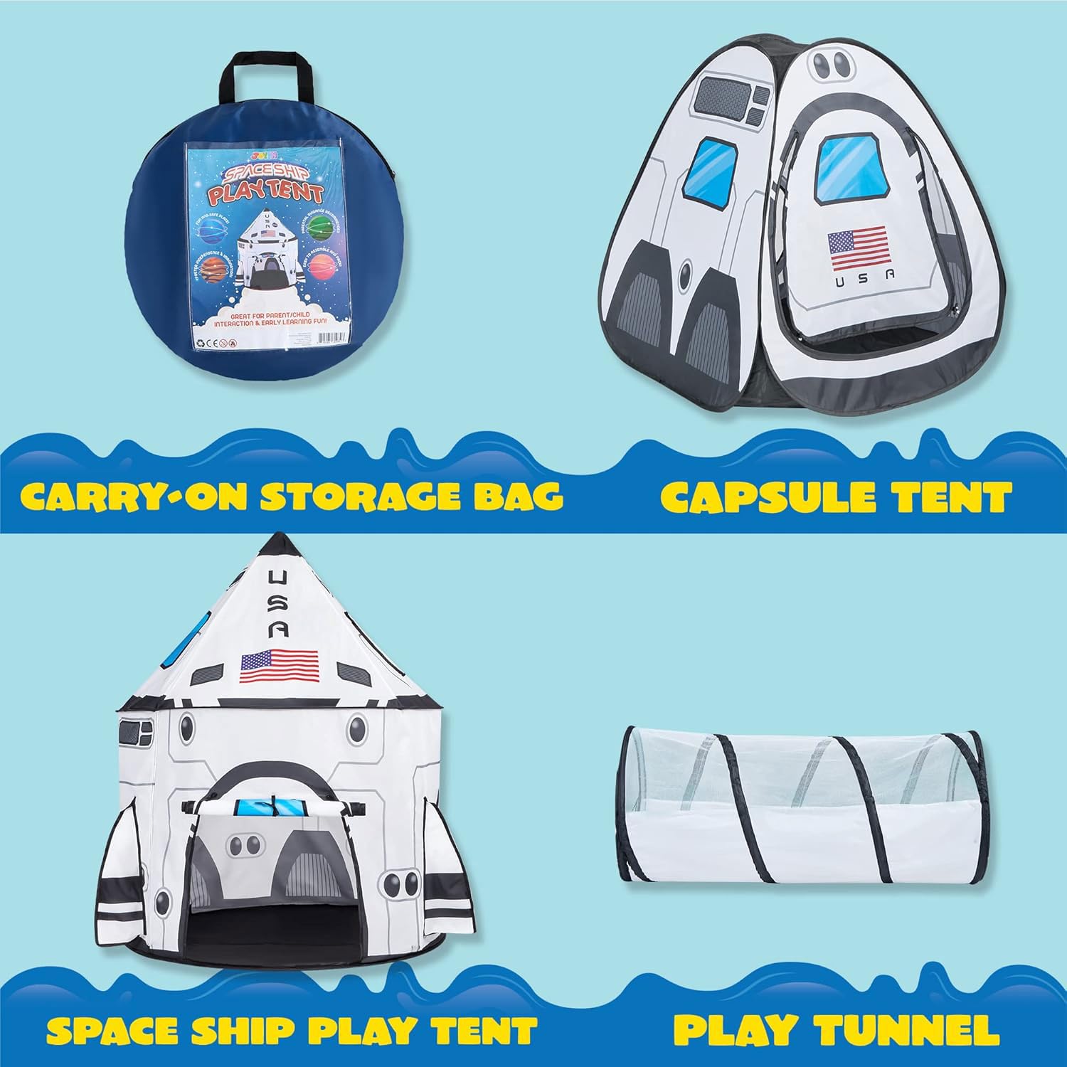 White Rocket Ship Pop Up Play Tent With Tunnel - Image 2