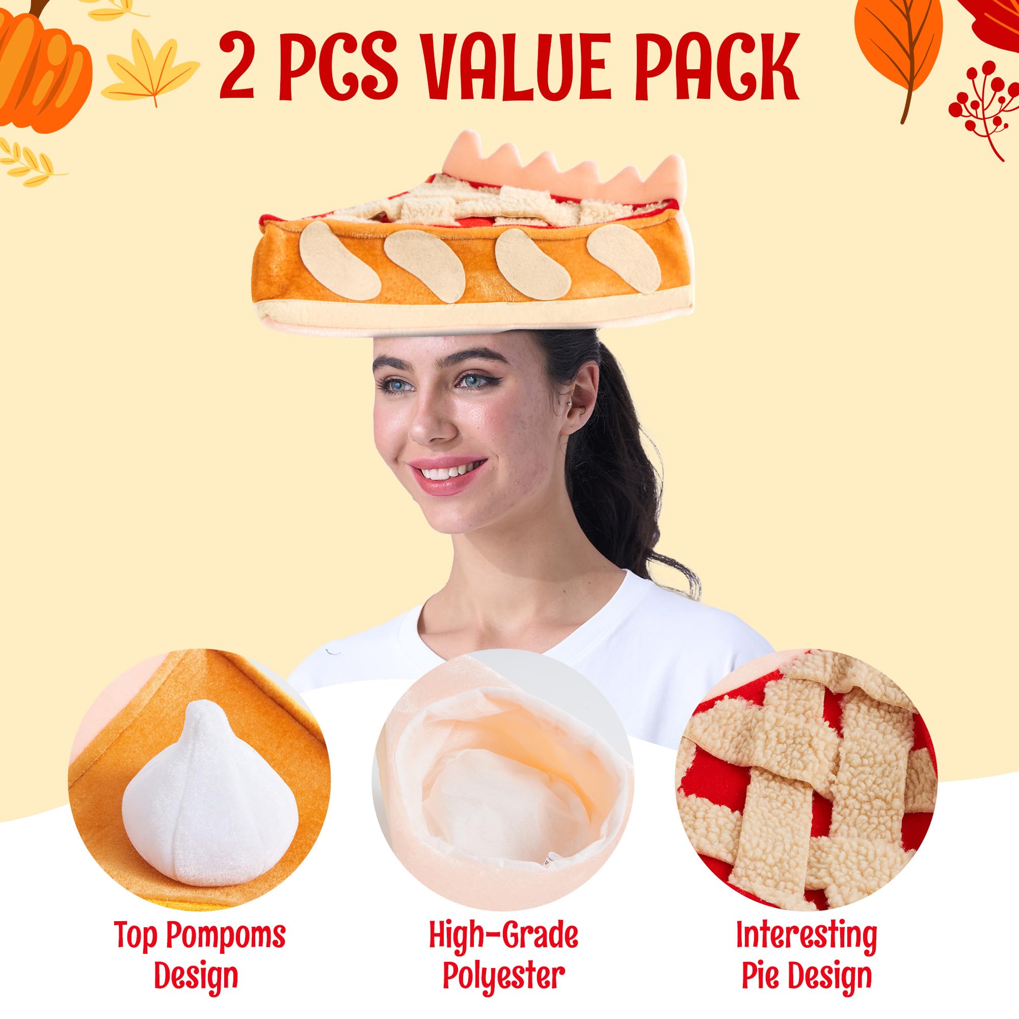 2 PCS Thanksgiving Decorative Plush Pumpkin & Apple Pie Hats - Image 2