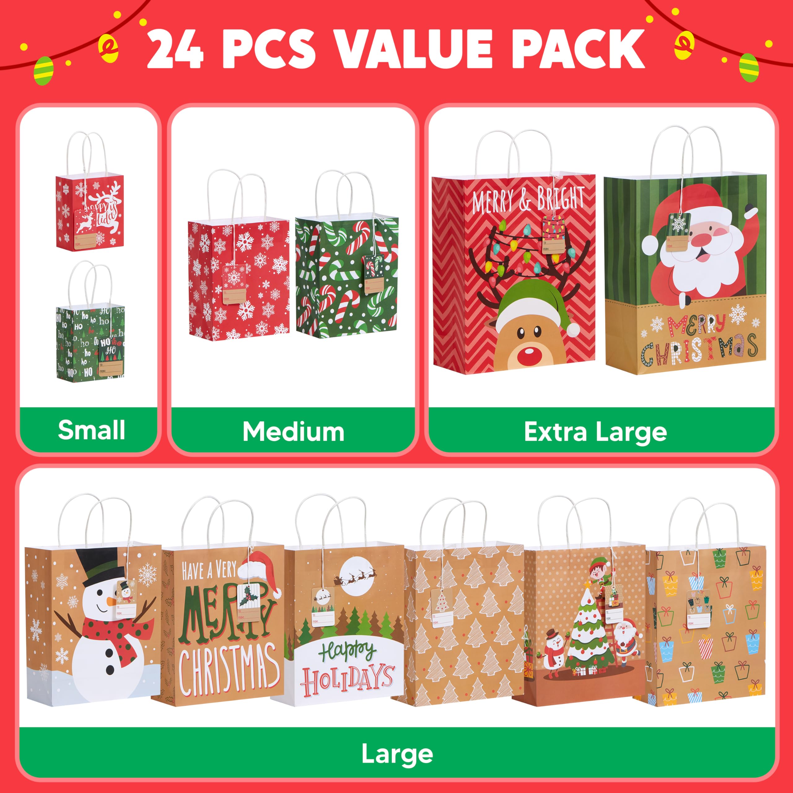24 Packs Christmas White Kraft Gift Bag - Image 2