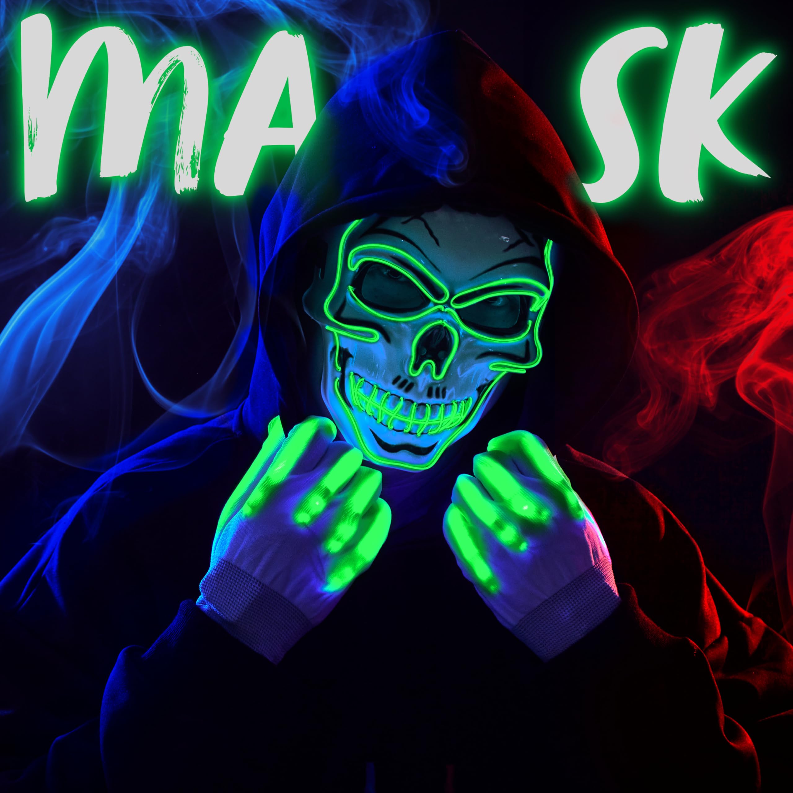 Halloween LED Skull Mask with Light Up Gloves, Green - Image 2