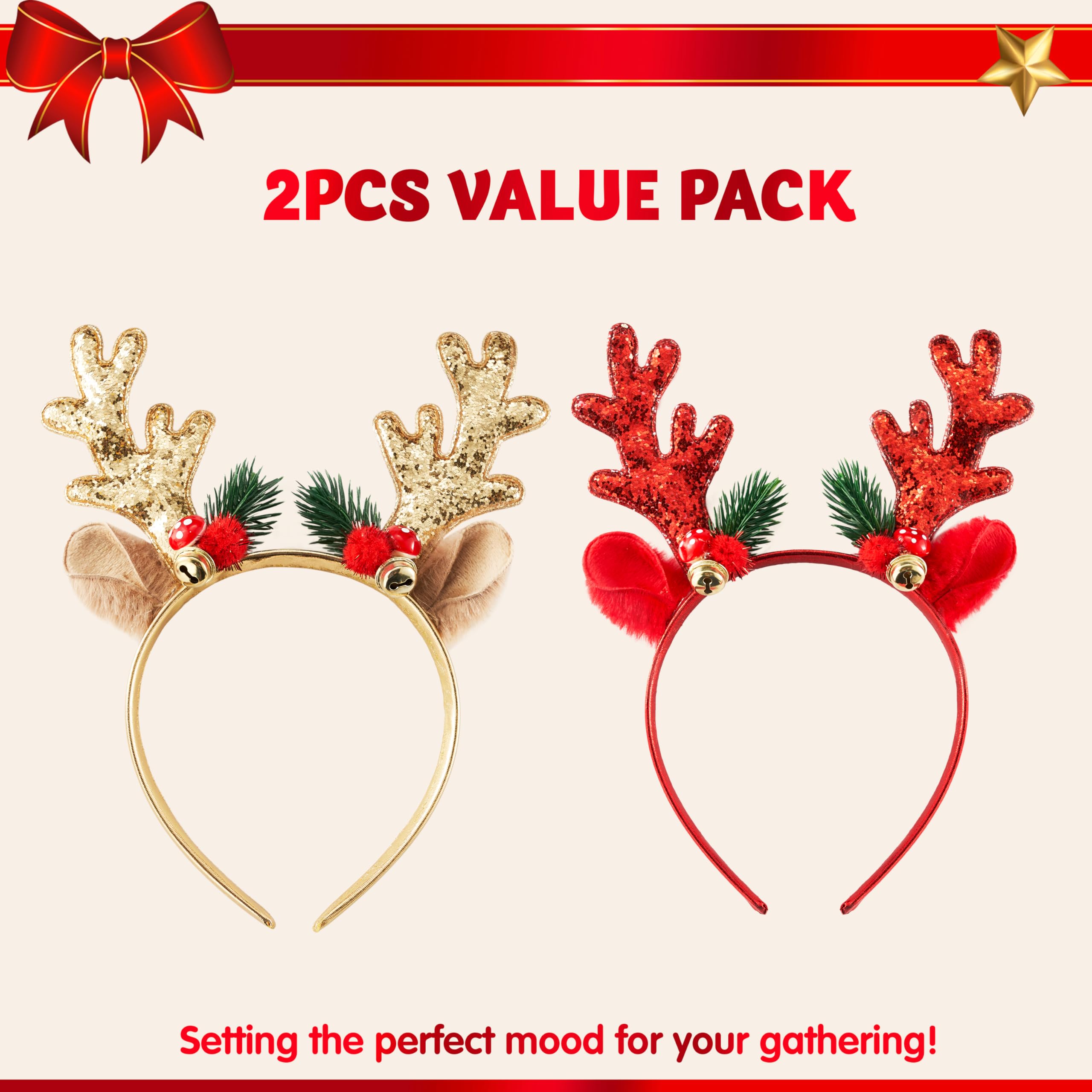 2 Pcs Golden & Red Reindeer Headbands with Glitters - Image 2