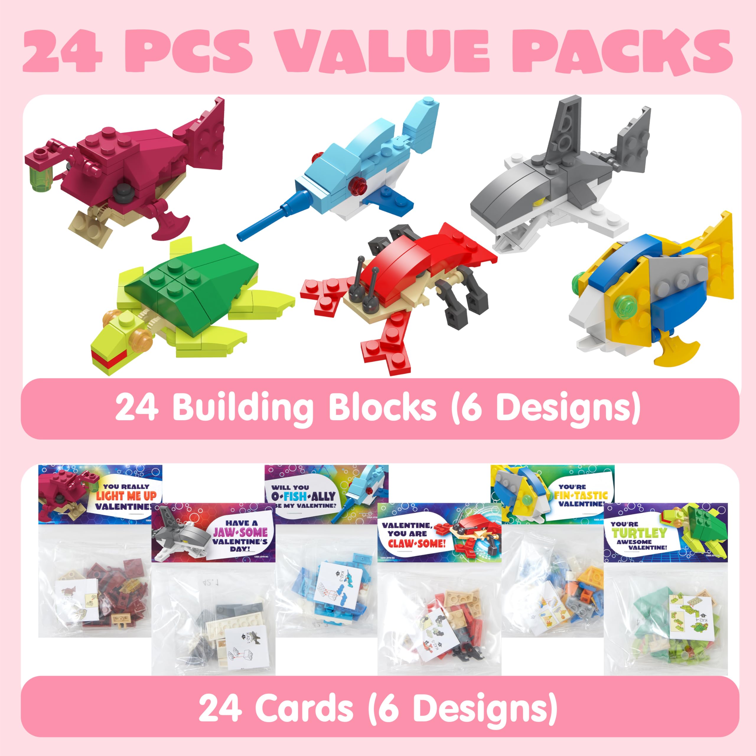 24 Packs Valentines Day Cards with Sea Animal Building Blocks for Gifts Party Favor - Image 2