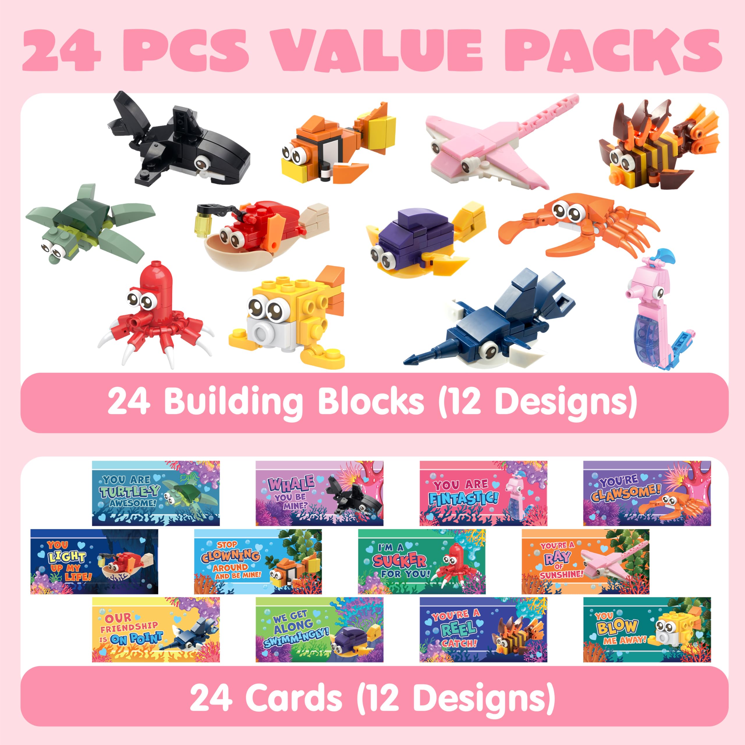 24 Packs Valentines Day Cards with Ocean Animal Building Block for Party Gifts - Image 2