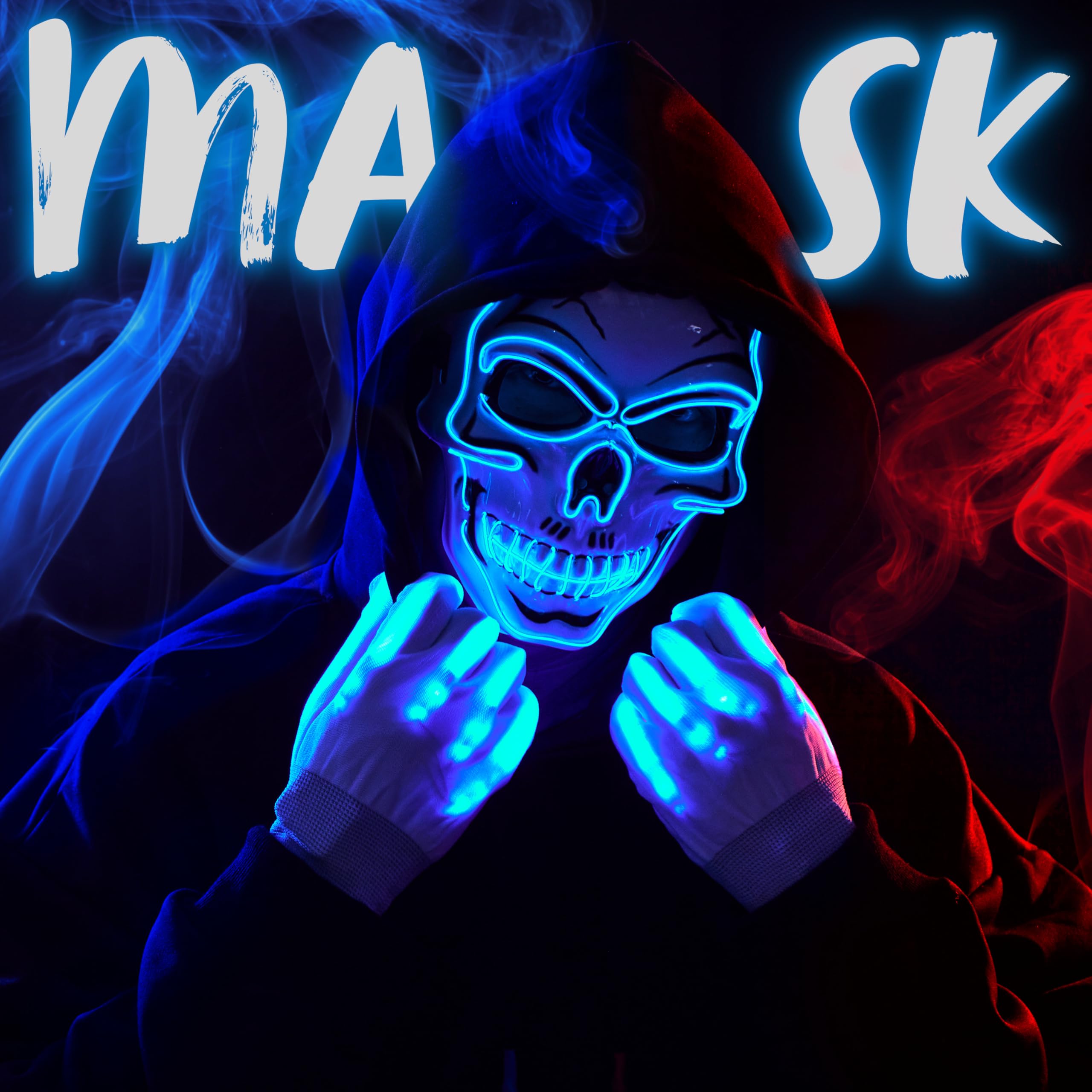 Halloween LED Skull Mask with Light Up Gloves, Blue - Image 2