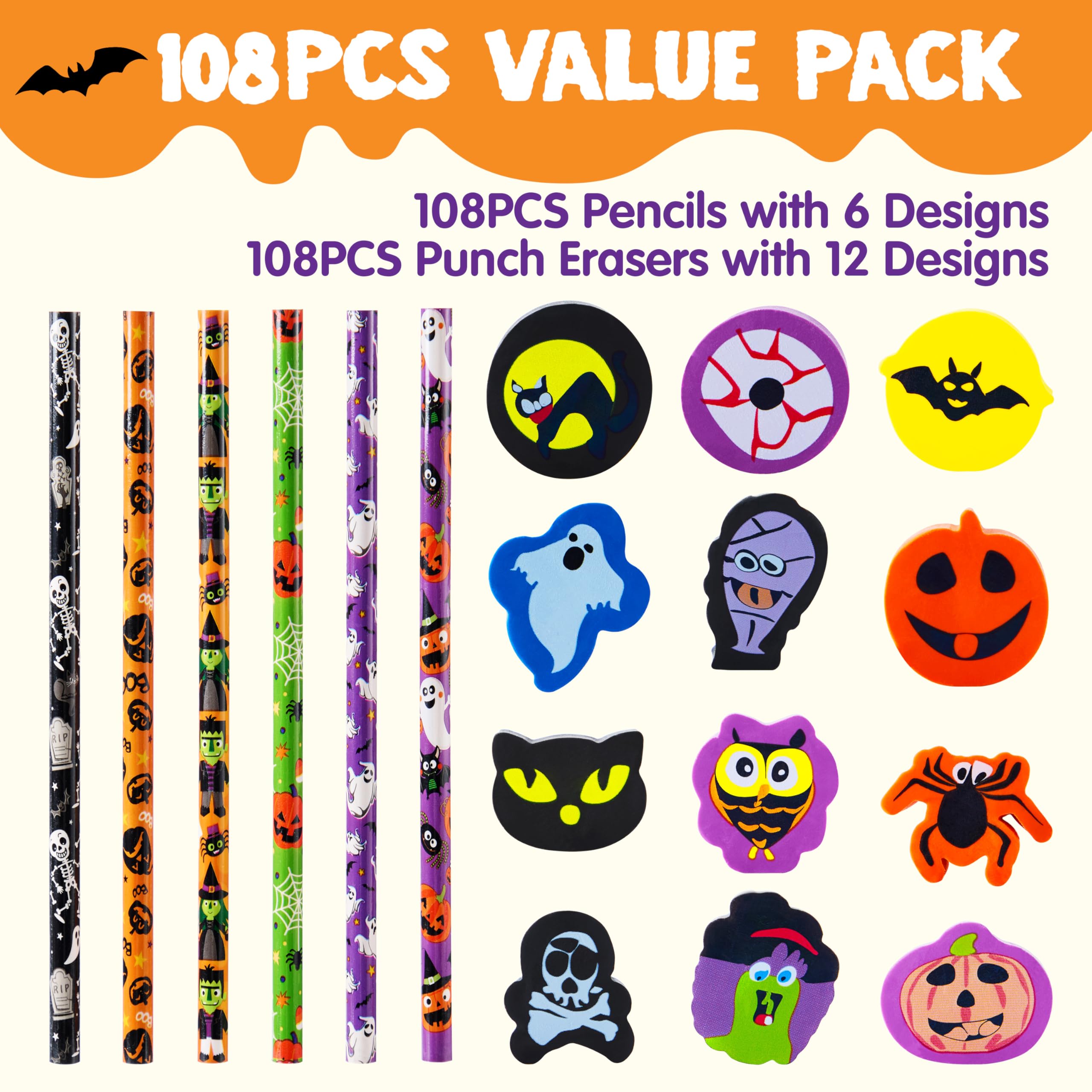 108PCS Halloween Pencils with Erasers Stationery Set - Image 2