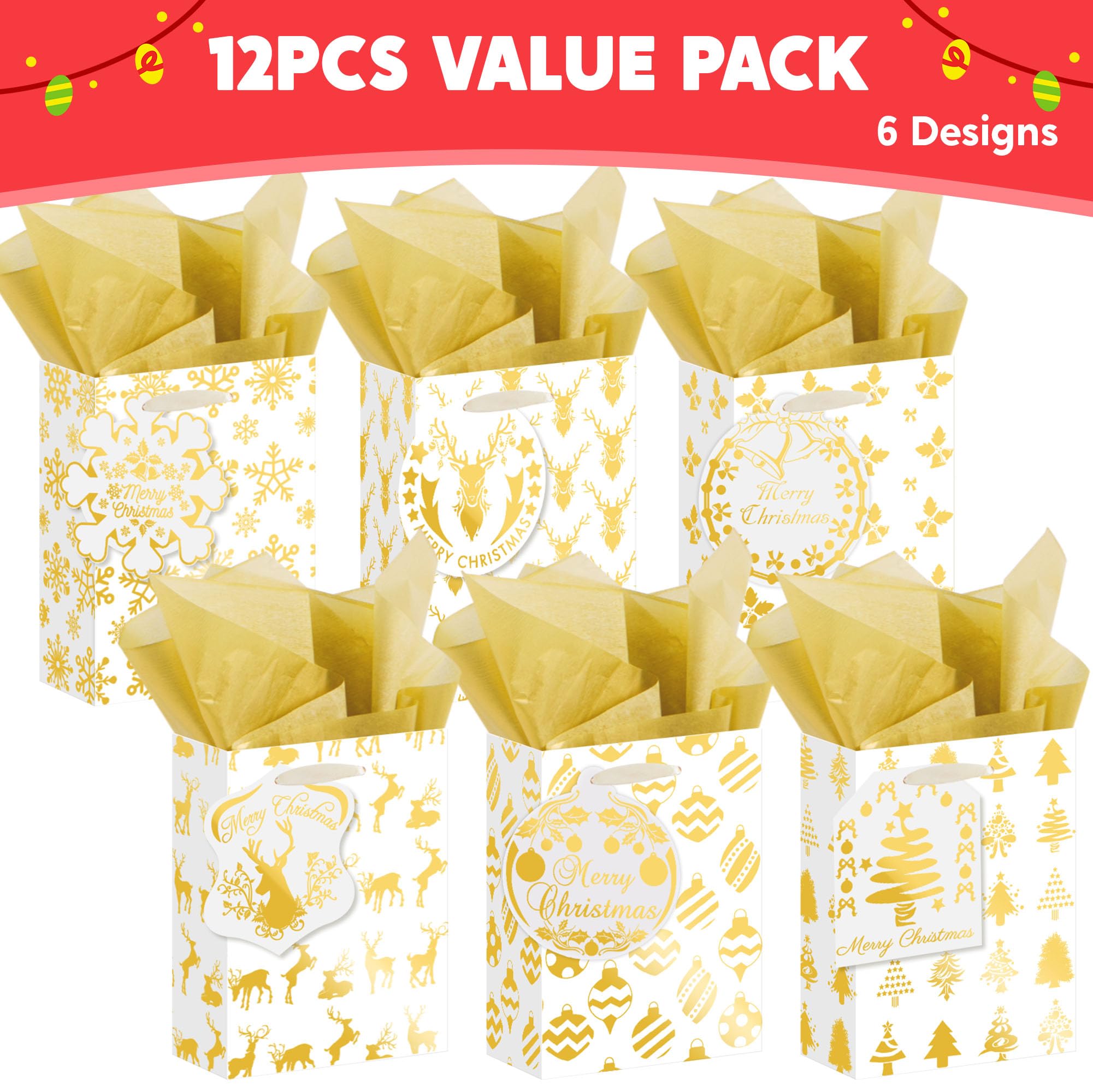 12 PCS Christmas Foil Gold Gift Bags with Tissue Papers and Name Card Tags - Image 2