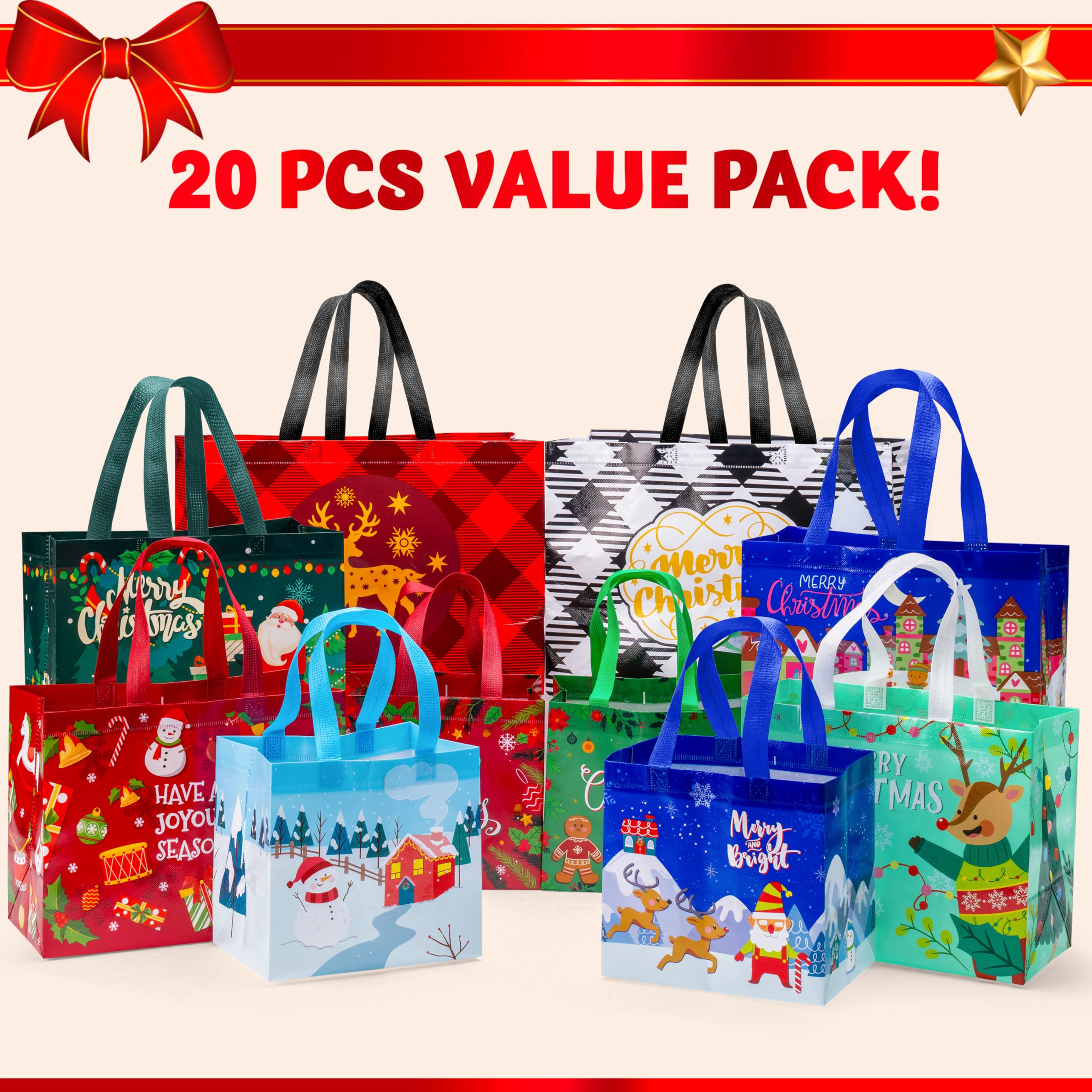20 PCS Christmas Reusable Gift Bags Assorted Sizes with Handle - Image 2