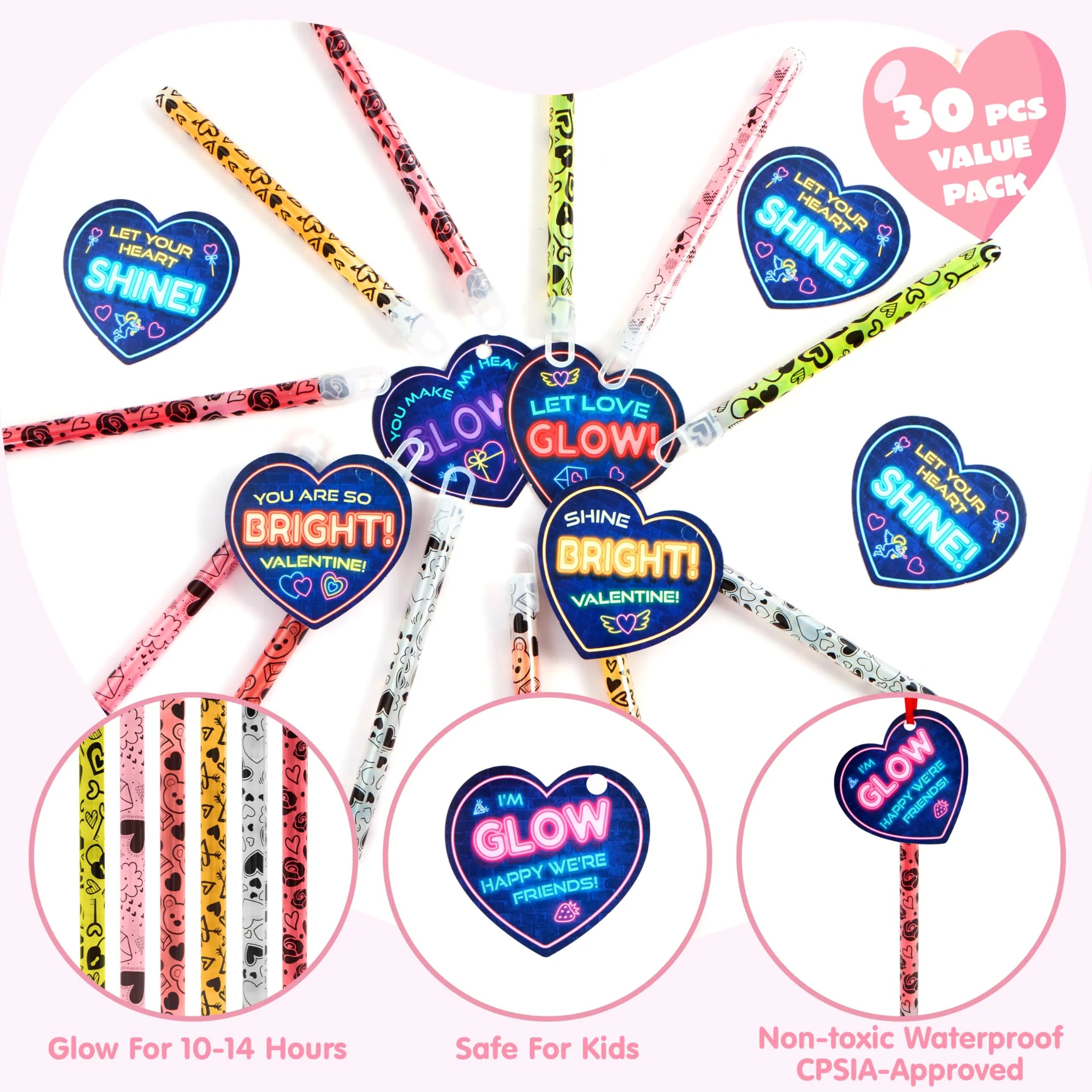 30 Packs Valentine’s Day Gifts Cards with Bright Large Glow Sticks for Kids Classroom Exchange Toy - Image 3