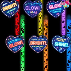30 Packs Valentine’s Day Gifts Cards with Bright Large Glow Sticks for Kids Classroom Exchange Toy