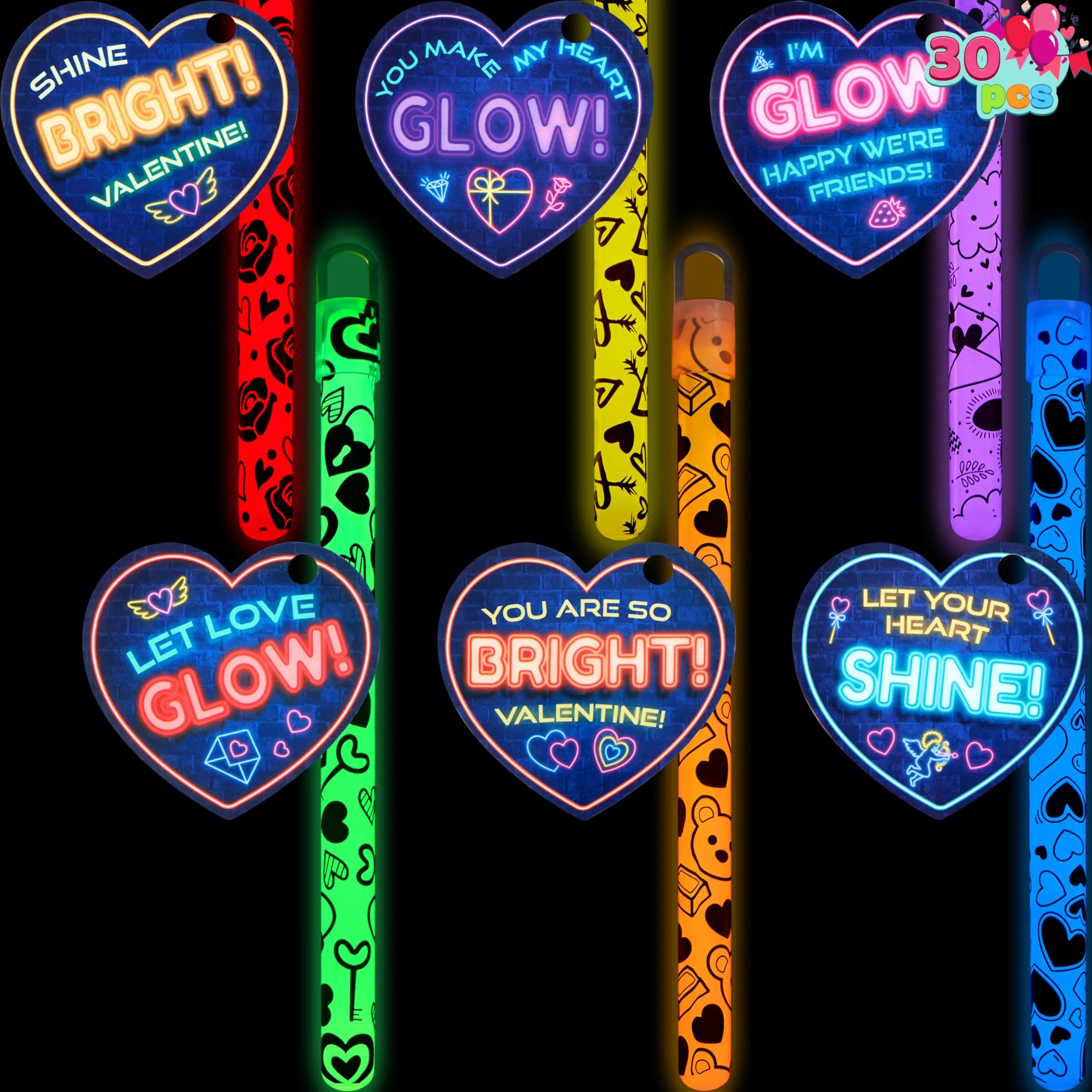 30 Packs Valentine’s Day Gifts Cards with Bright Large Glow Sticks for Kids Classroom Exchange Toy