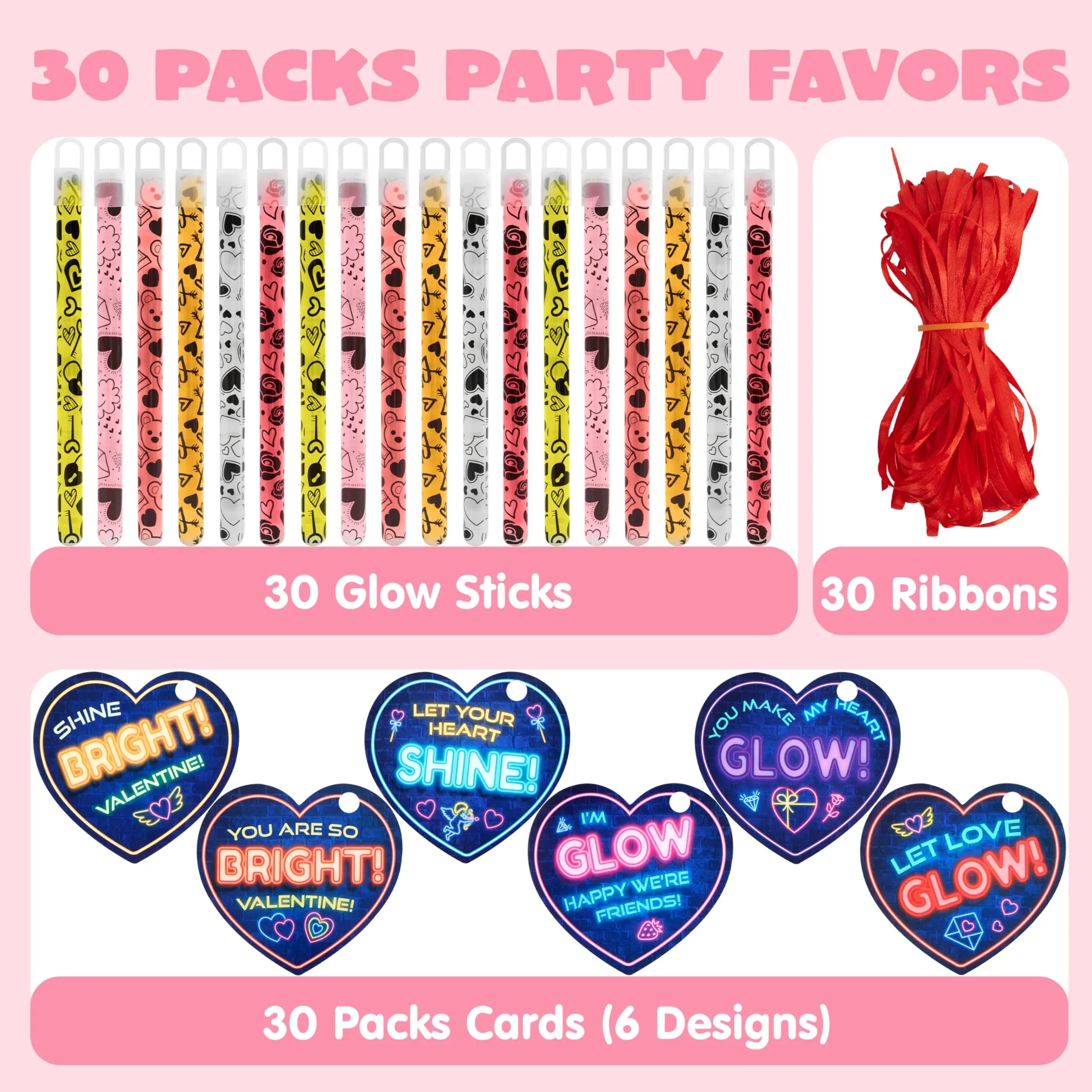 30 Packs Valentine’s Day Gifts Cards with Bright Large Glow Sticks for Kids Classroom Exchange Toy - Image 4