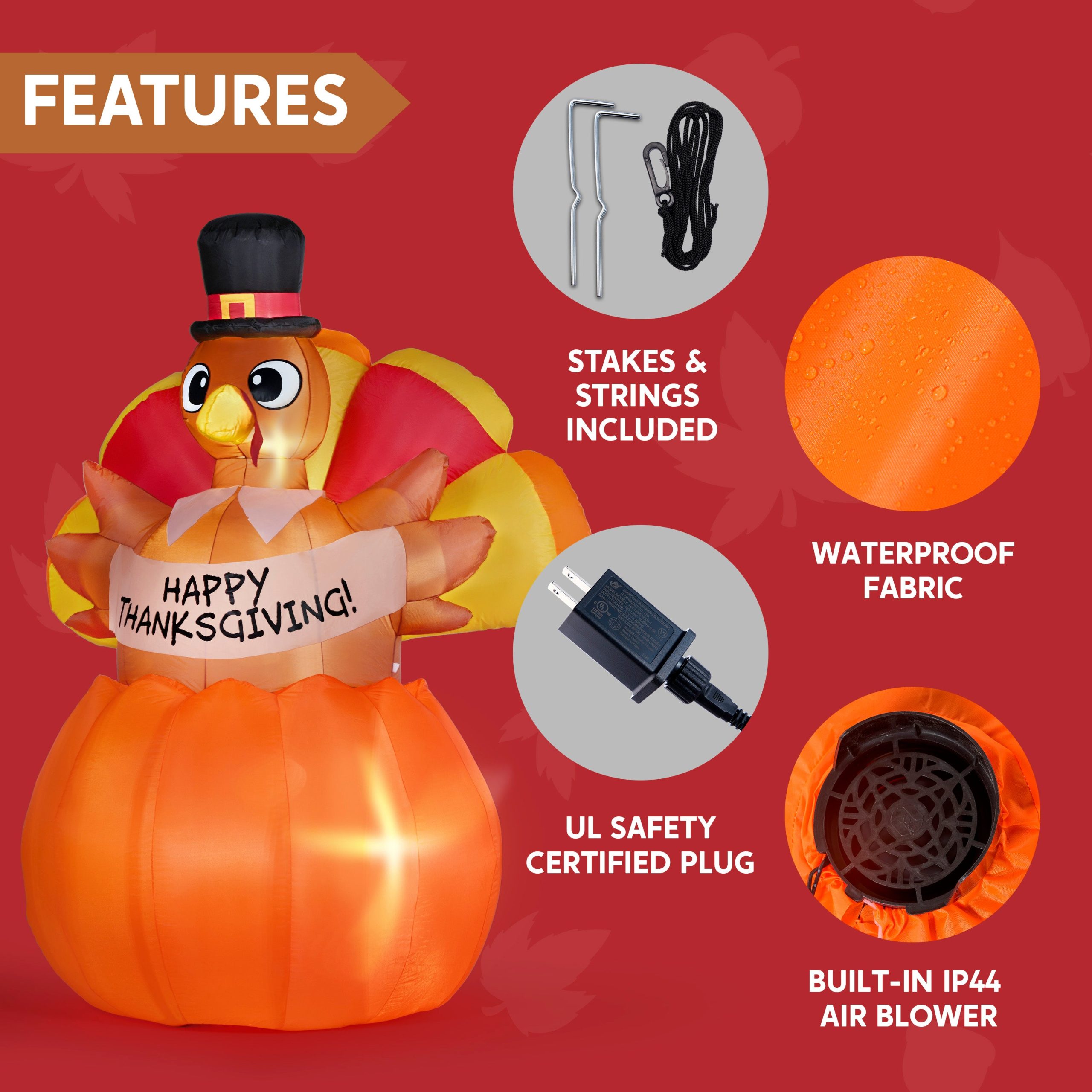 JOIEDOMI 6FT Inflatable Thanksgiving Turkey Pumpkin - LED - Image 4