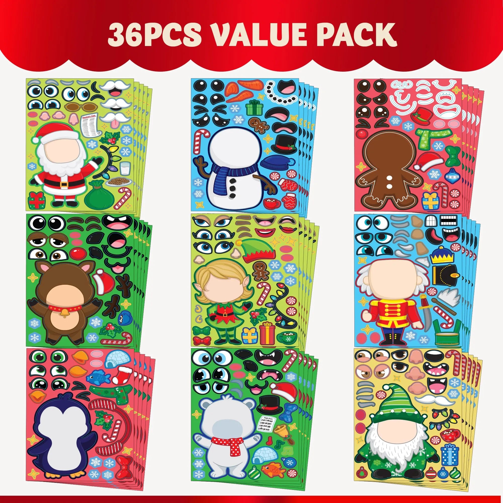 36 Pcs Christmas Make A Face Sticker Sheet for Kids - Image 2