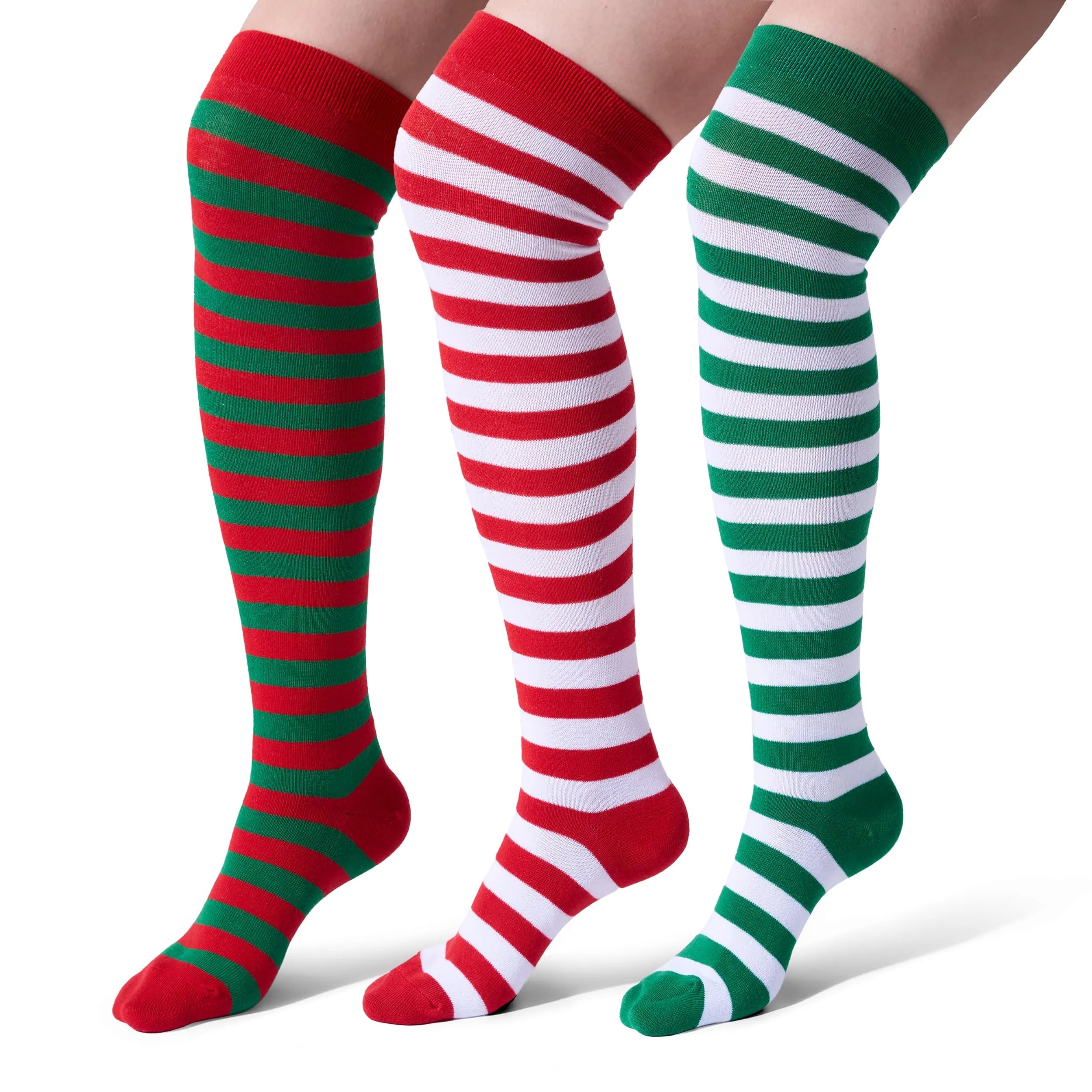 3 Pairs Women Striped Long Socks, Christmas Over Knee Socks, Elf Socks - Image 2