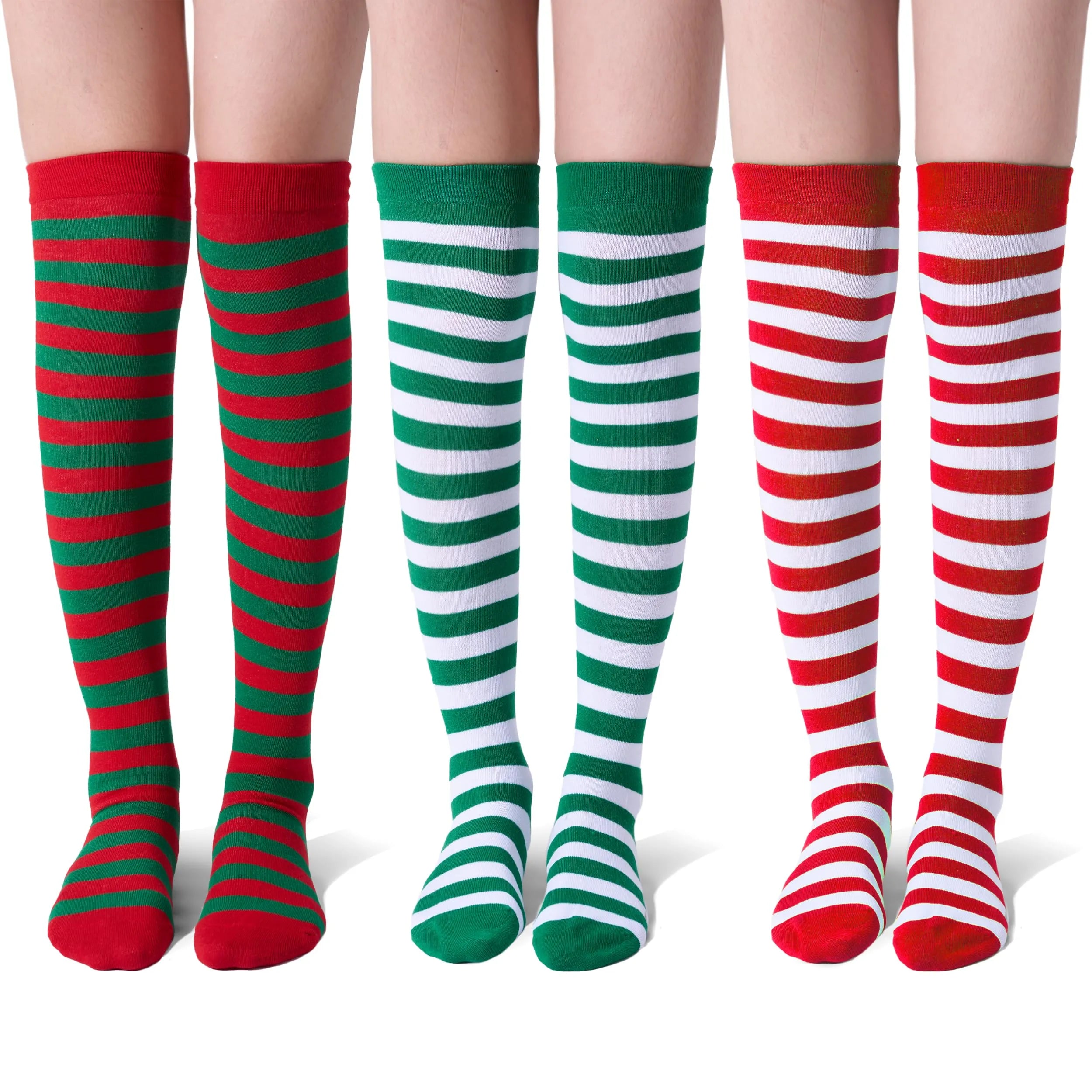 3 Pairs Women Striped Long Socks, Christmas Over Knee Socks, Elf Socks
