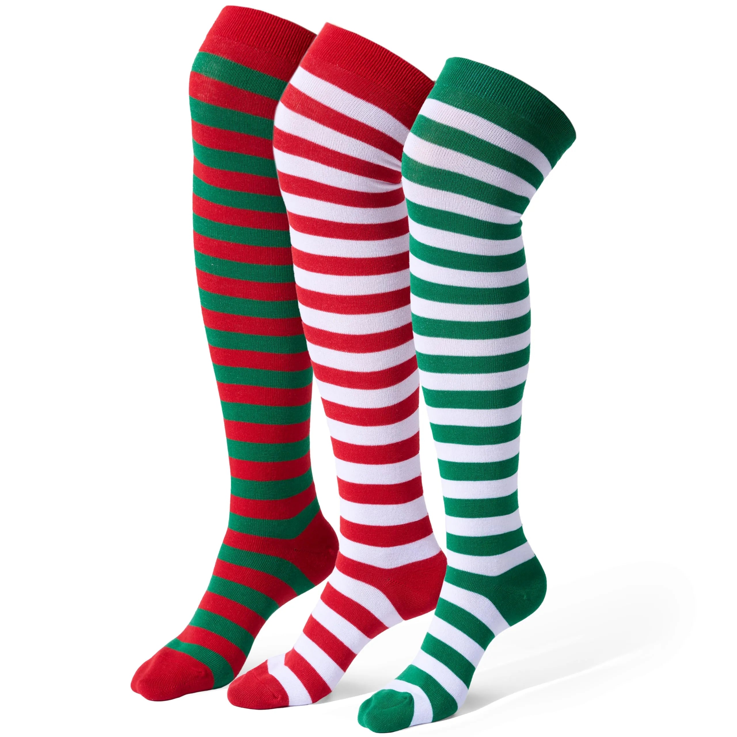 3 Pairs Women Striped Long Socks, Christmas Over Knee Socks, Elf Socks - Image 6