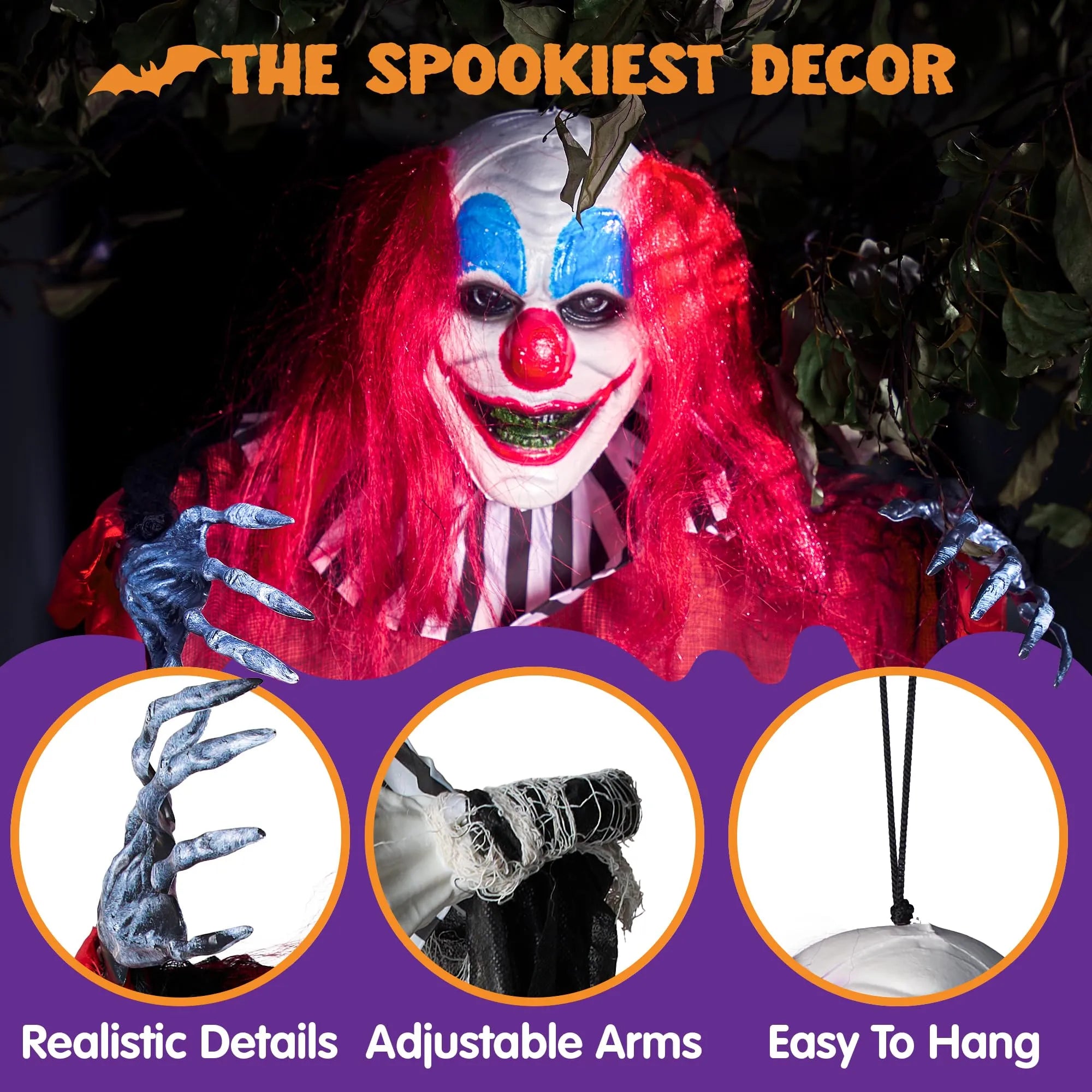 3 Pcs Halloween Hanging Clowns Decorations, one 47in, Two 35.4in Scary Hanging Clowns in Varies Colors - Image 2