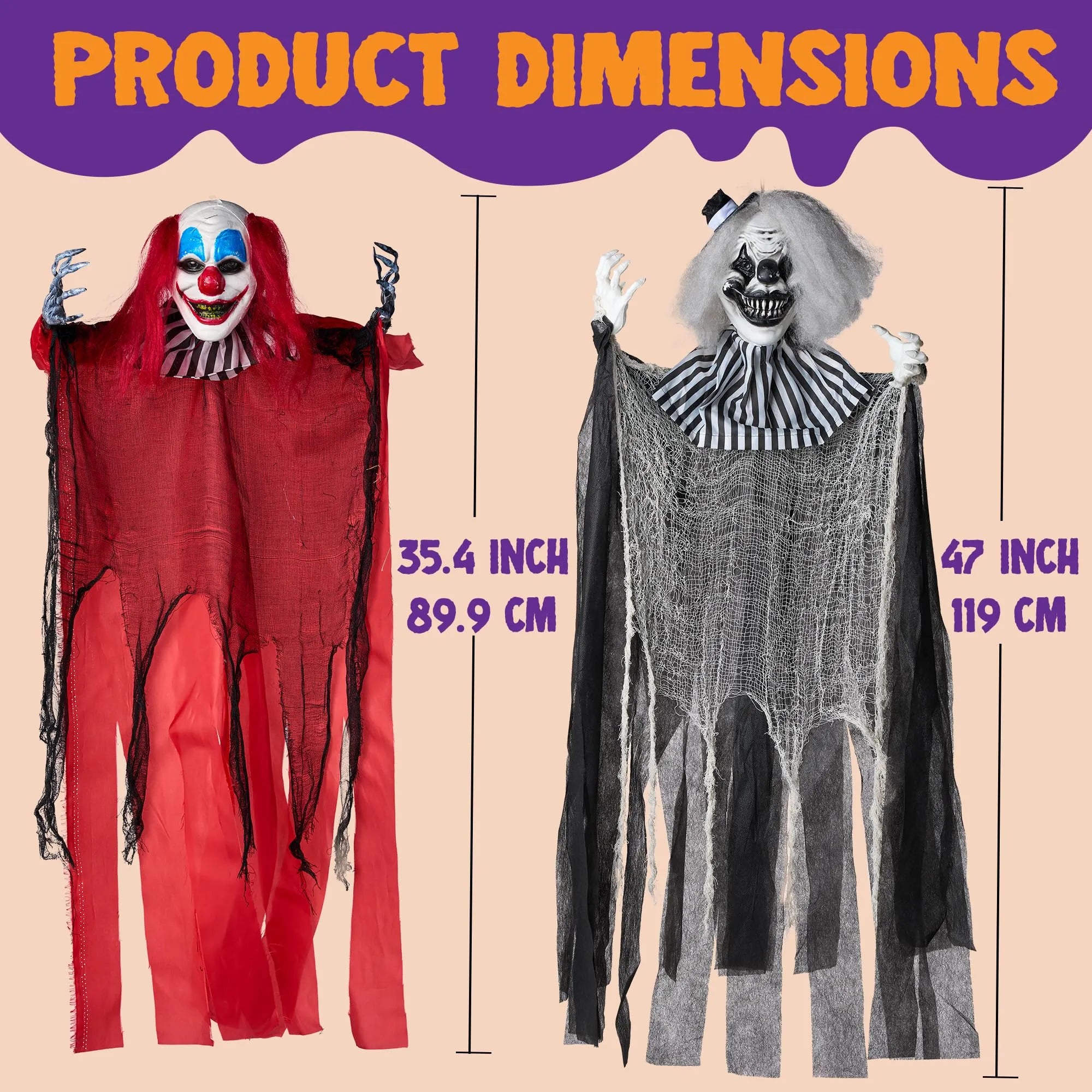3 Pcs Halloween Hanging Clowns Decorations, one 47in, Two 35.4in Scary Hanging Clowns in Varies Colors - Image 5