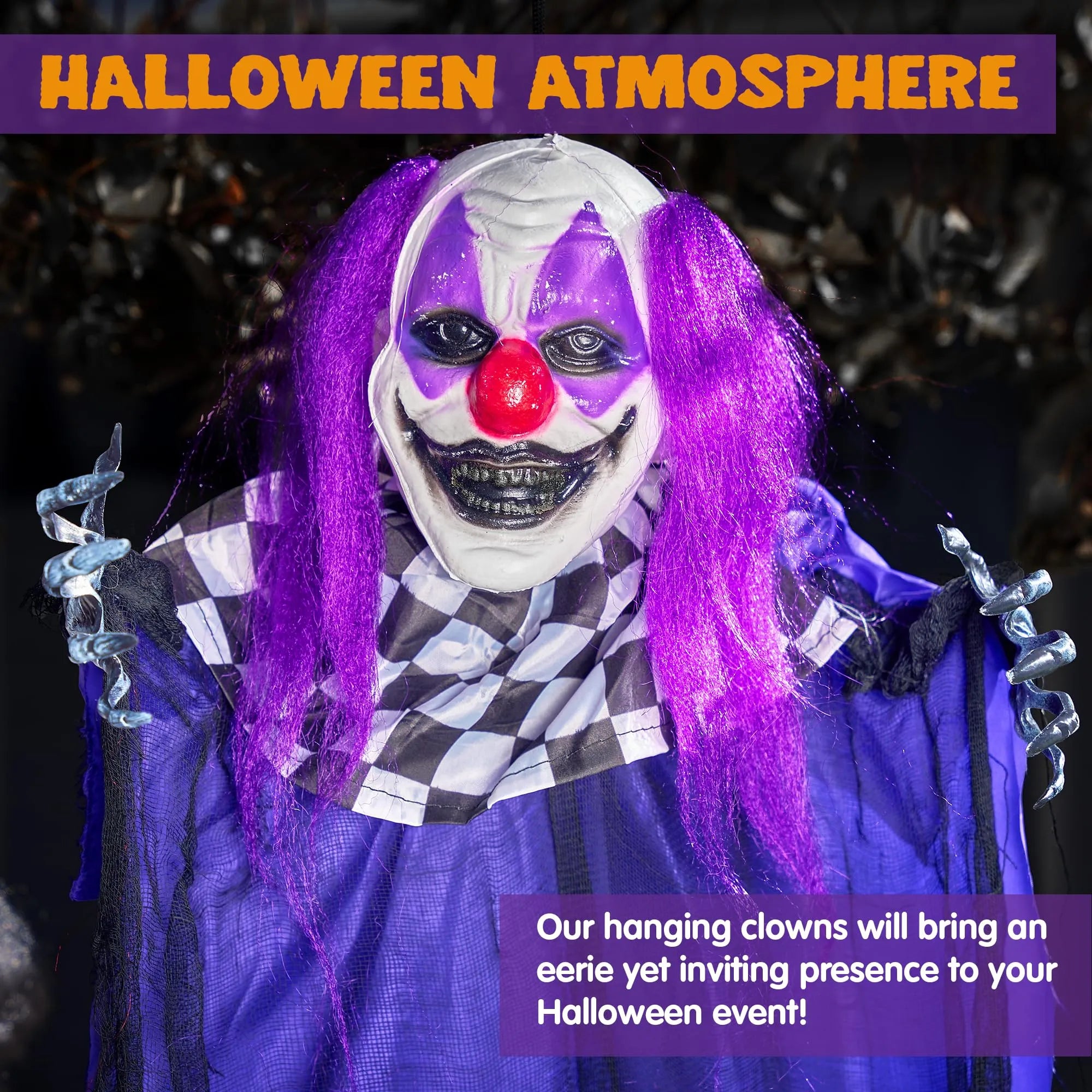 3 Pcs Halloween Hanging Clowns Decorations, one 47in, Two 35.4in Scary Hanging Clowns in Varies Colors - Image 3