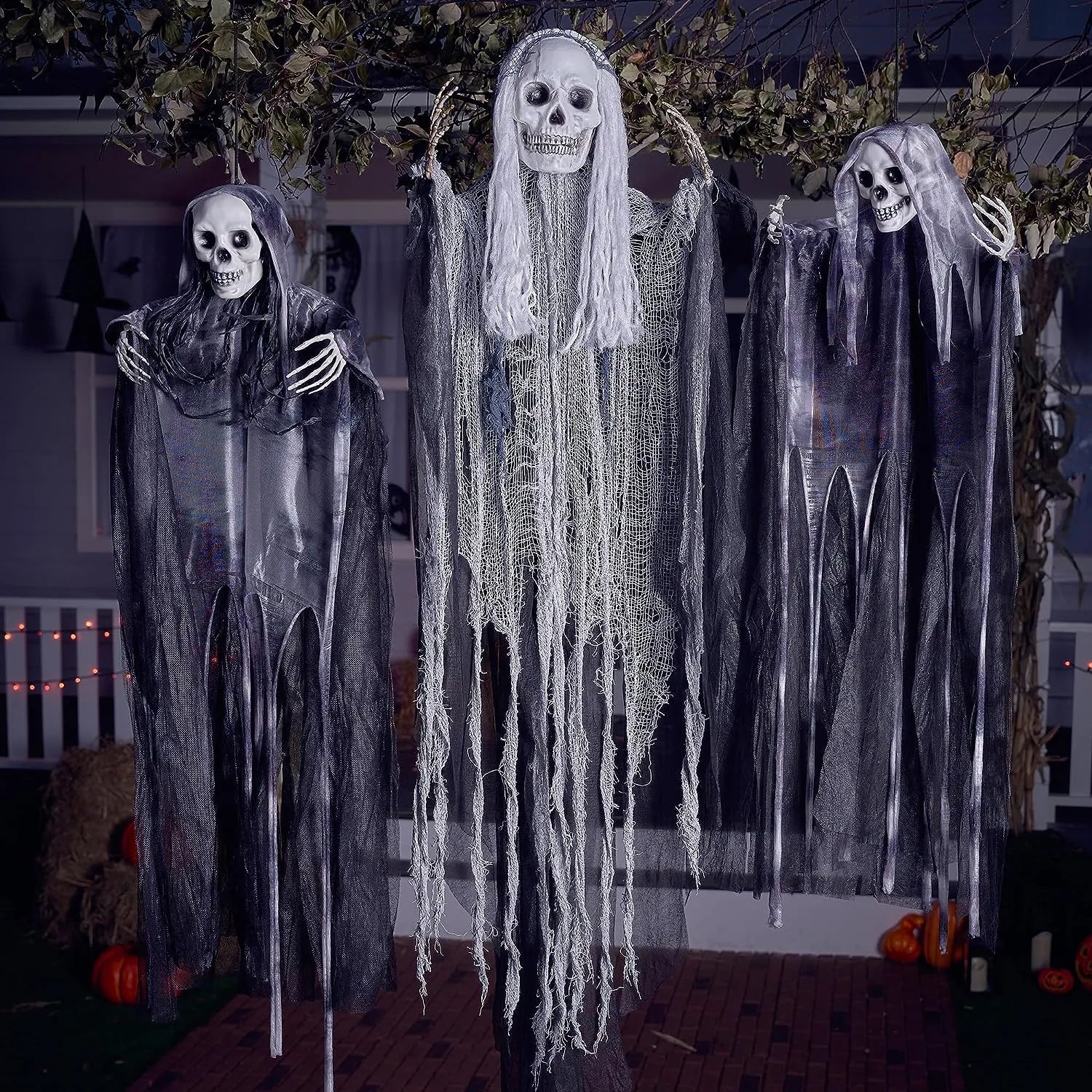 3Pcs Halloween Hanging Grim Reapers, One 55in, Two 35in Skeleton Flying Ghosts - Image 4