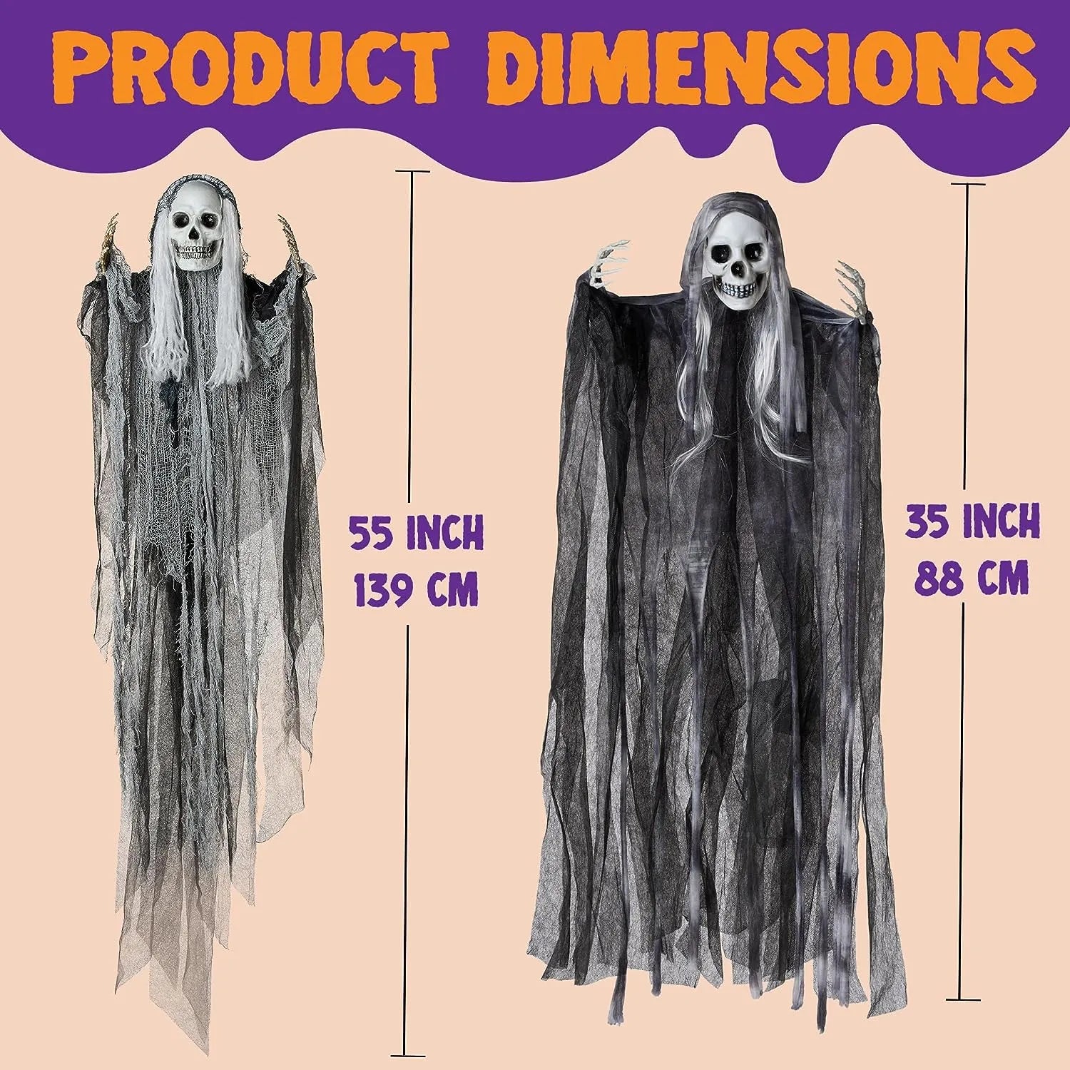 3Pcs Halloween Hanging Grim Reapers, One 55in, Two 35in Skeleton Flying Ghosts - Image 6