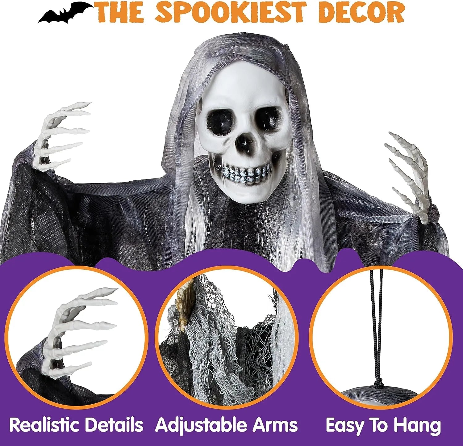 3Pcs Halloween Hanging Grim Reapers, One 55in, Two 35in Skeleton Flying Ghosts - Image 2