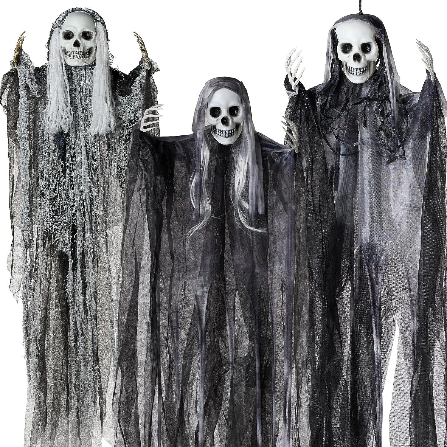3Pcs Halloween Hanging Grim Reapers, One 55in, Two 35in Skeleton Flying Ghosts - Image 5