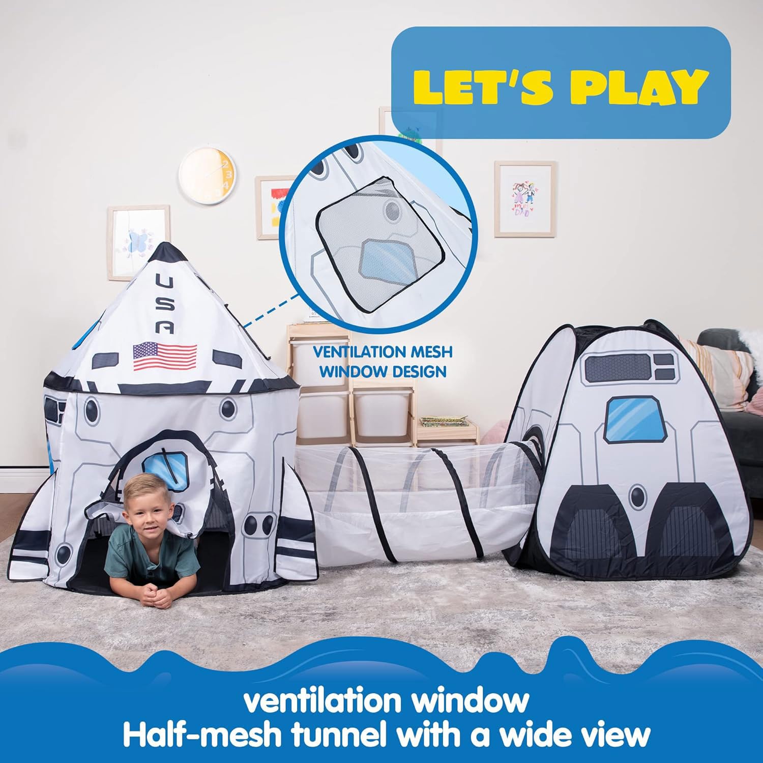 White Rocket Ship Pop Up Play Tent With Tunnel - Image 3