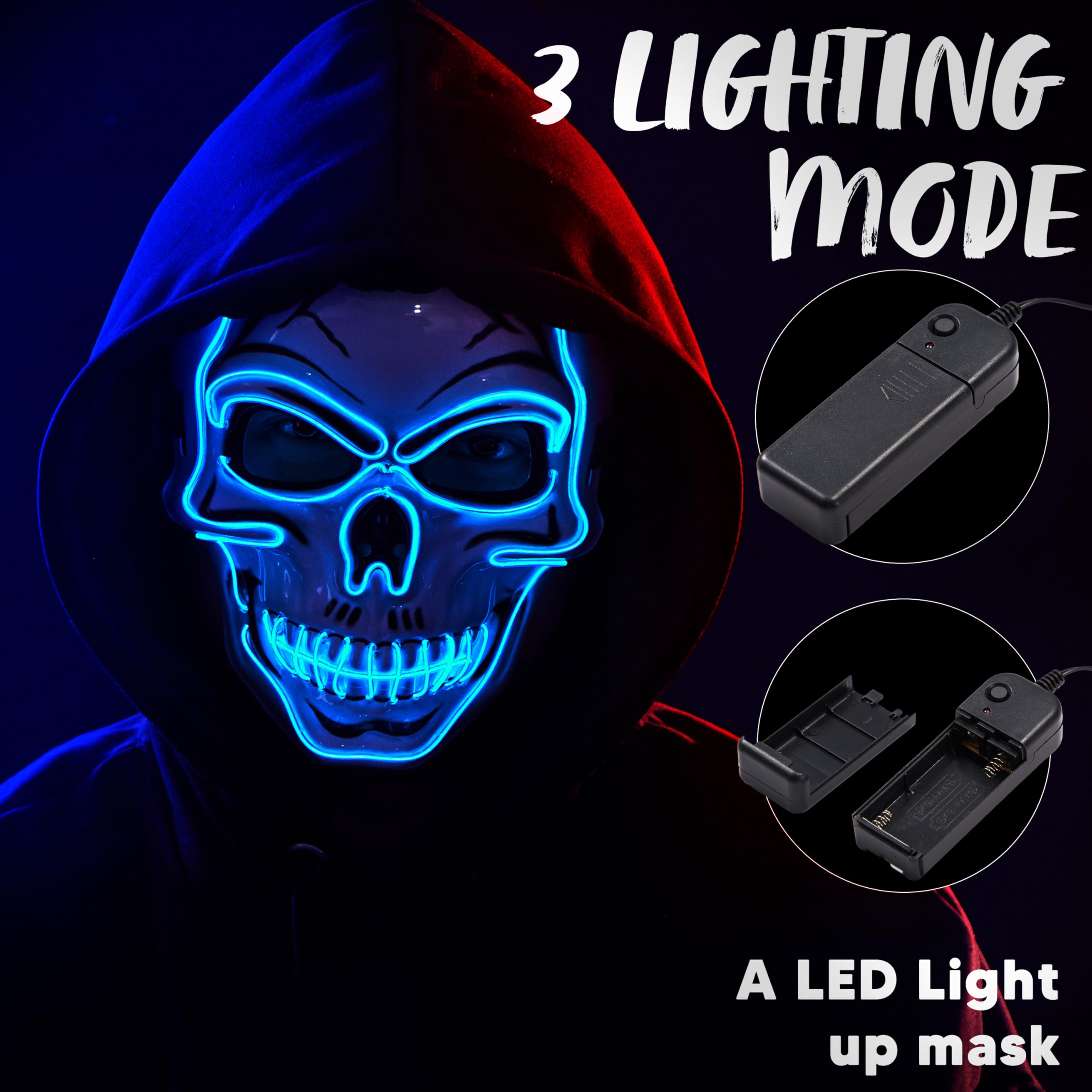 Halloween LED Skull Mask with Light Up Gloves, Blue - Image 3